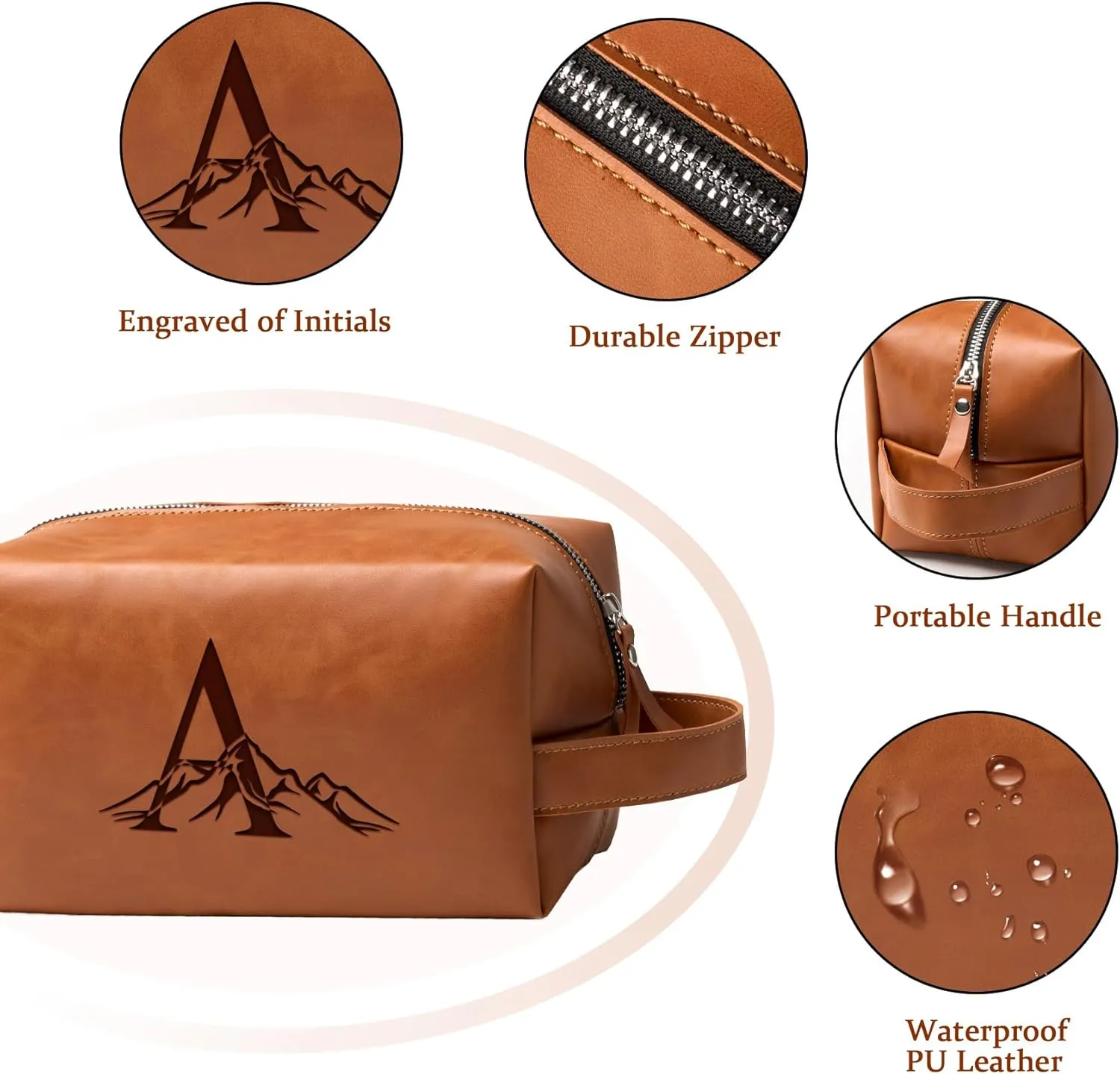 Personalized Gifts Travel Toiletry Bag for Men Engraved Initial PU Leather Waterproof Shaving Bag for Toiletries Accessories Fathers Day Birthday Gift for Men Dad Husband Son, Light Brown A