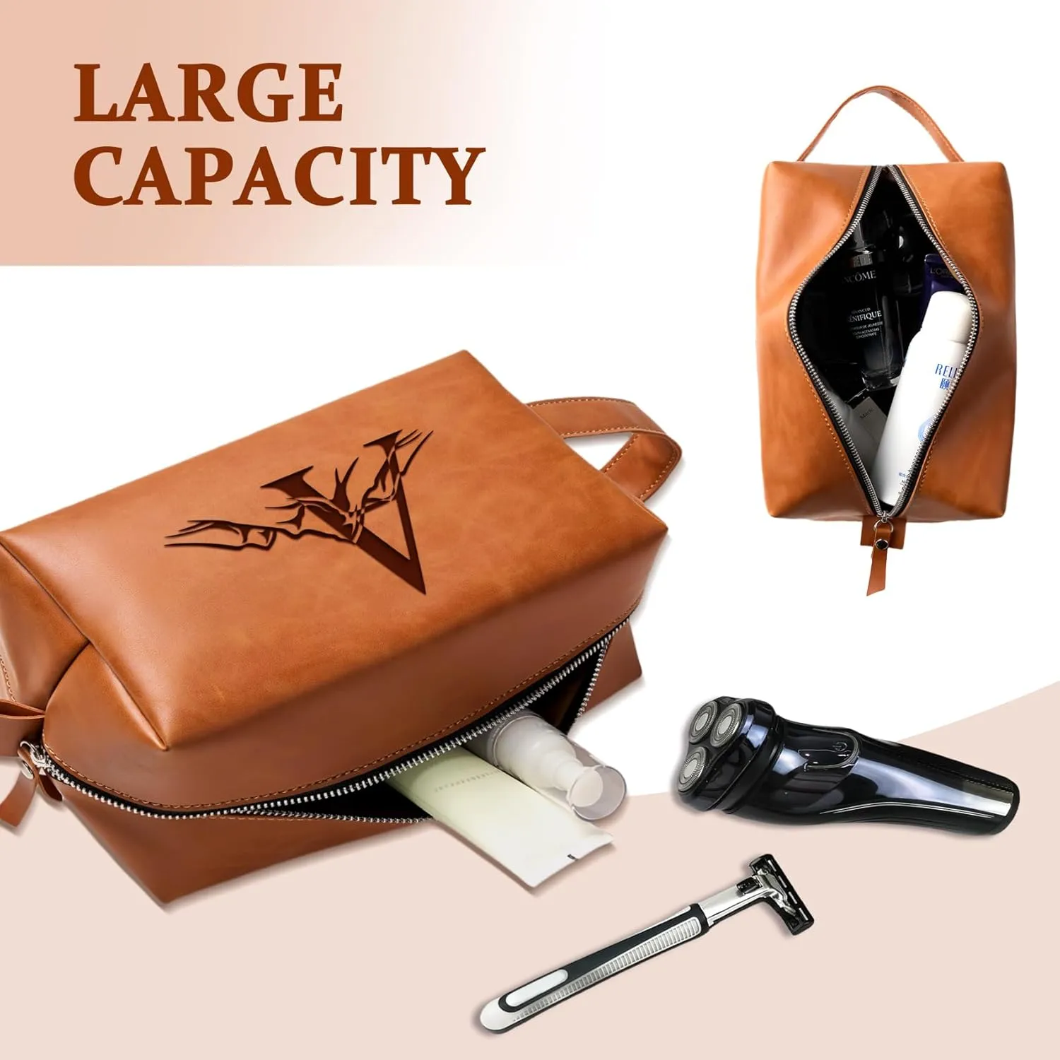 Personalized Gifts Travel Toiletry Bag for Men Engraved Initial PU Leather Waterproof Shaving Bag for Toiletries Accessories Fathers Day Birthday Gift for Men Dad Husband Son, Light Brown A