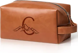 Personalized Gifts Travel Toiletry Bag for Men Engraved Initial PU Leather Waterproof Shaving Bag for Toiletries Accessories Fathers Day Birthday Gift for Men Dad Husband Son, Light Brown C