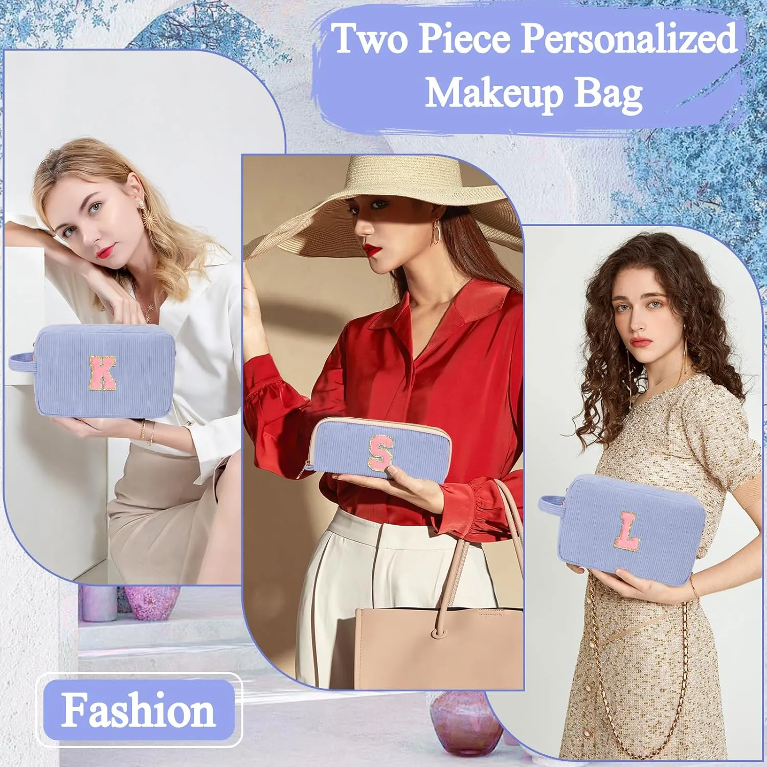 Personalized Initial Cute Makeup Bag Bule Cosmetic Bag Travel Toiletry Bag, Trendy Stuff Mother's Day/Birthday/Graduation Gifts for Women, Mom, Girlfriend, Wife Makeup Organizer Case for Girls A