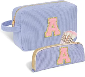 Personalized Initial Cute Makeup Bag Bule Cosmetic Bag Travel Toiletry Bag, Trendy Stuff Mother's Day/Birthday/Graduation Gifts for Women, Mom, Girlfriend, Wife Makeup Organizer Case for Girls A