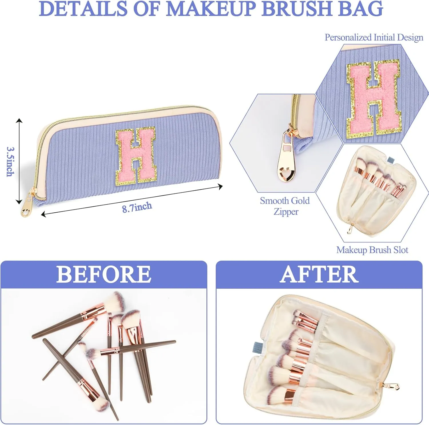 Personalized Initial Cute Makeup Bag Bule Cosmetic Bag Travel Toiletry Bag, Trendy Stuff Mother's Day/Birthday/Graduation Gifts for Women, Mom, Girlfriend, Wife Makeup Organizer Case for Girls A