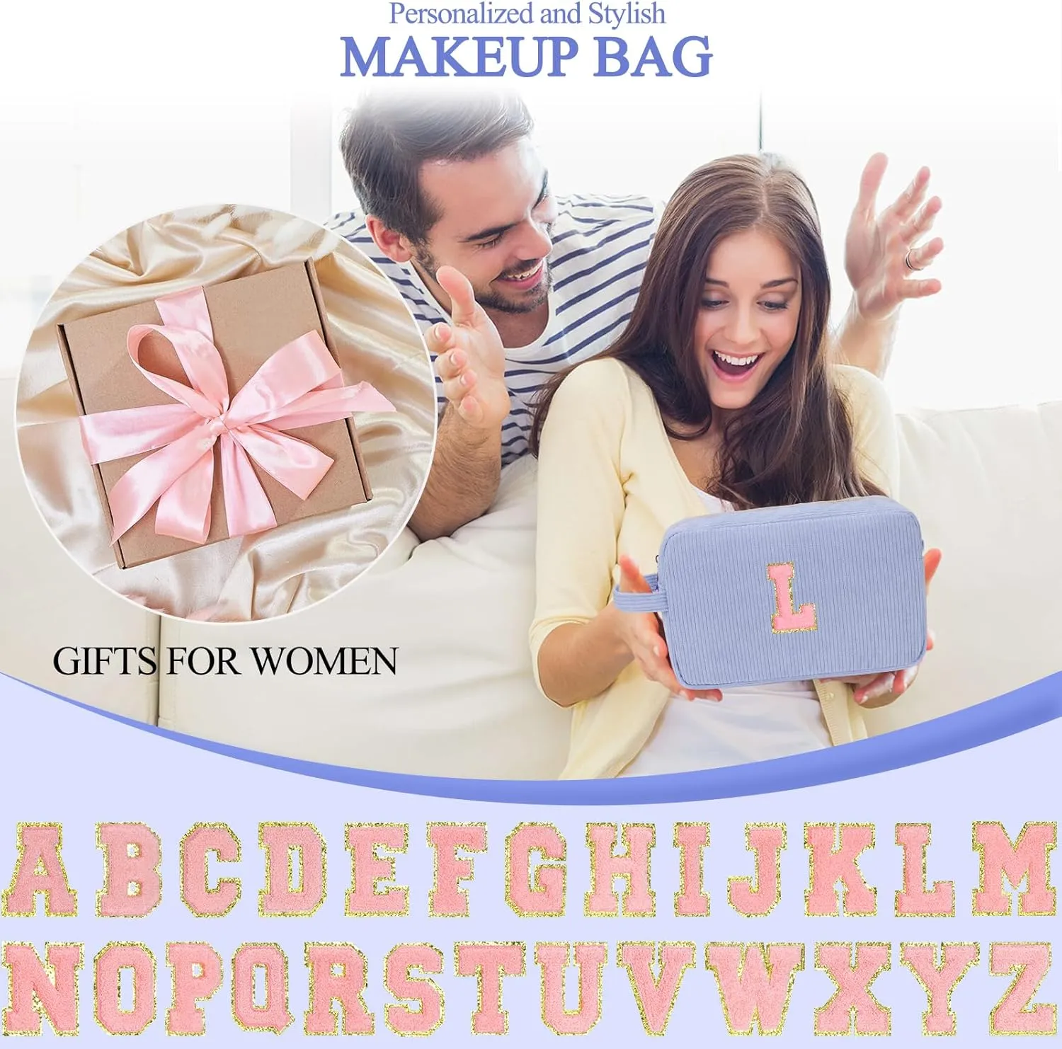 Personalized Initial Cute Makeup Bag Bule Cosmetic Bag Travel Toiletry Bag, Trendy Stuff Mother's Day/Birthday/Graduation Gifts for Women, Mom, Girlfriend, Wife Makeup Organizer Case for Girls A