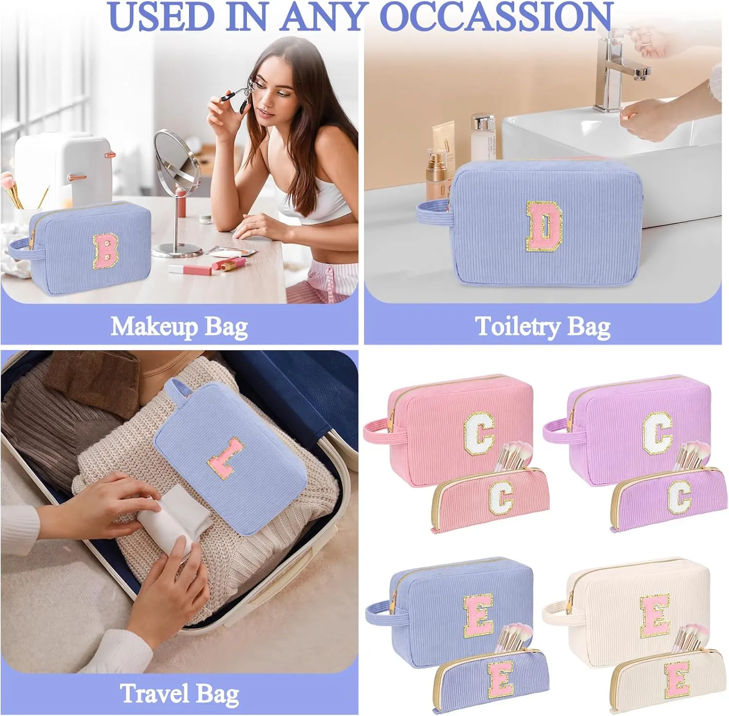 Personalized Initial Cute Makeup Bag Bule Cosmetic Bag Travel Toiletry Bag, Trendy Stuff Mother's Day/Birthday/Graduation Gifts for Women, Mom, Girlfriend, Wife Makeup Organizer Case for Girls A