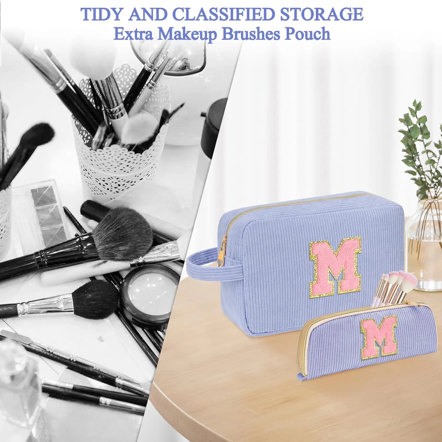 Personalized Initial Cute Makeup Bag Bule Cosmetic Bag Travel Toiletry Bag, Trendy Stuff Mother's Day/Birthday/Graduation Gifts for Women, Mom, Girlfriend, Wife Makeup Organizer Case for Girls A