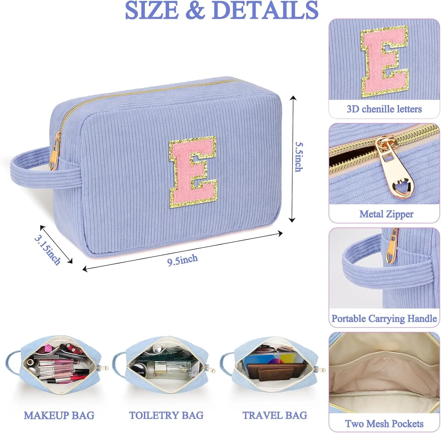 Personalized Initial Cute Makeup Bag Bule Cosmetic Bag Travel Toiletry Bag, Trendy Stuff Mother's Day/Birthday/Graduation Gifts for Women, Mom, Girlfriend, Wife Makeup Organizer Case for Girls A