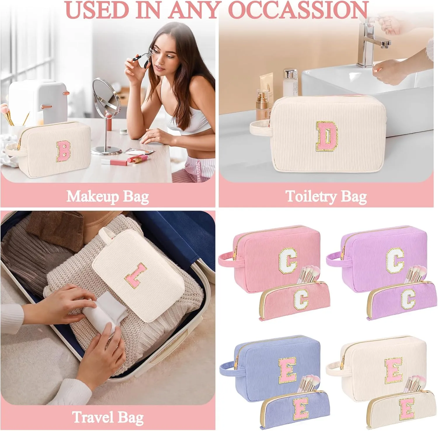 Personalized Initial Cute Makeup Bag Trendy Stuff Beige Cosmetic Bag Travel Toiletry Bag, Mother's Day/Birthday/Graduation Gifts for Women, Mom, Girlfriend, Wife Makeup Organizer Case for Girls - A