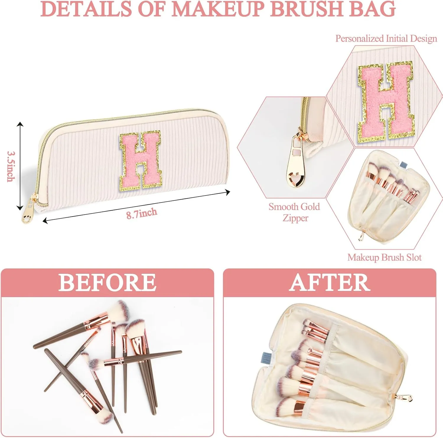 Personalized Initial Cute Makeup Bag Trendy Stuff Beige Cosmetic Bag Travel Toiletry Bag, Mother's Day/Birthday/Graduation Gifts for Women, Mom, Girlfriend, Wife Makeup Organizer Case for Girls - A