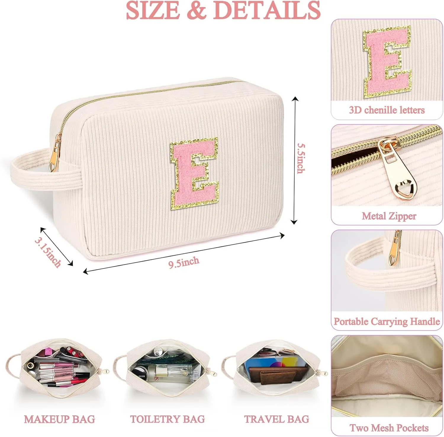 Personalized Initial Cute Makeup Bag Trendy Stuff Beige Cosmetic Bag Travel Toiletry Bag, Mother's Day/Birthday/Graduation Gifts for Women, Mom, Girlfriend, Wife Makeup Organizer Case for Girls - A