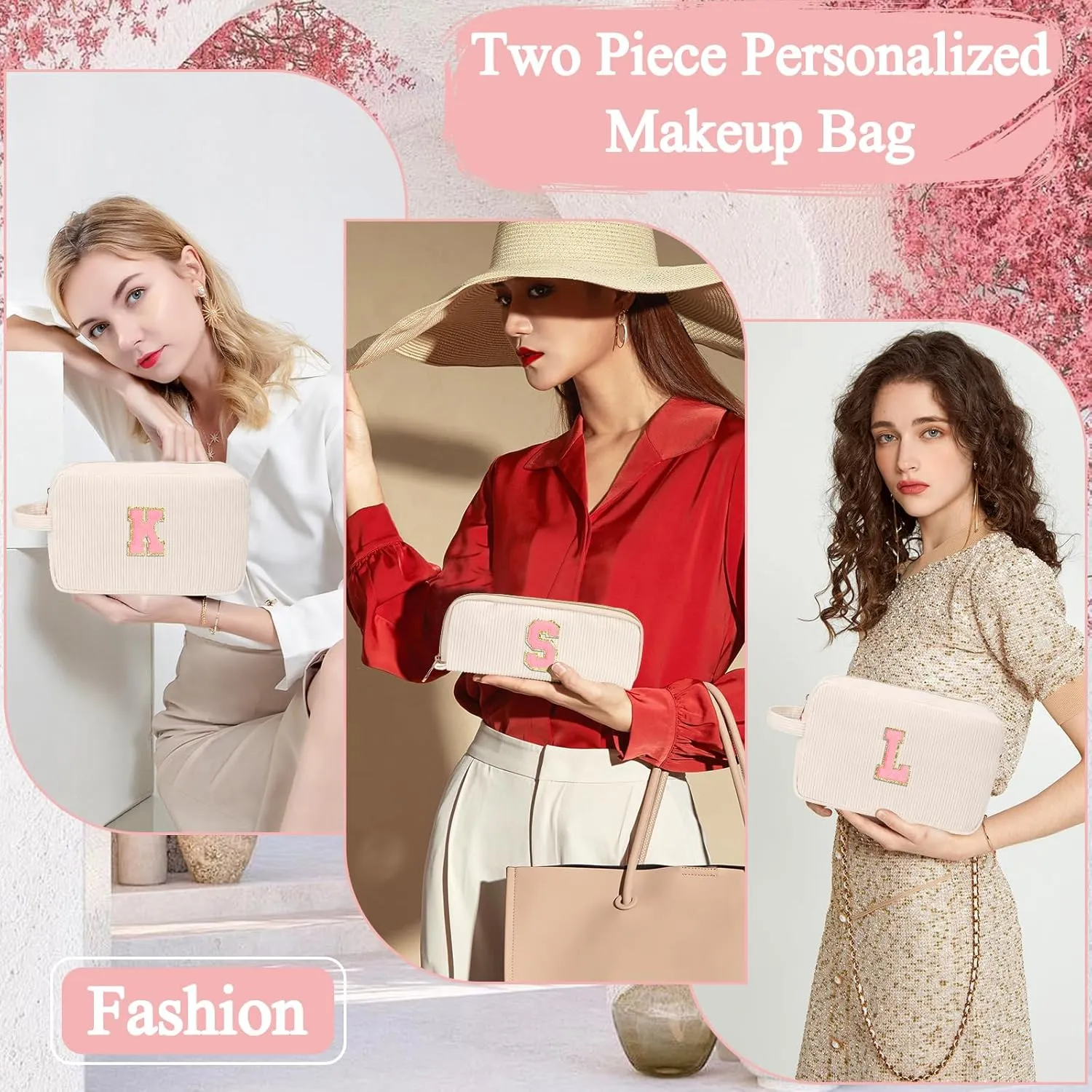 Personalized Initial Cute Makeup Bag Trendy Stuff Beige Cosmetic Bag Travel Toiletry Bag, Mother's Day/Birthday/Graduation Gifts for Women, Mom, Girlfriend, Wife Makeup Organizer Case for Girls - A