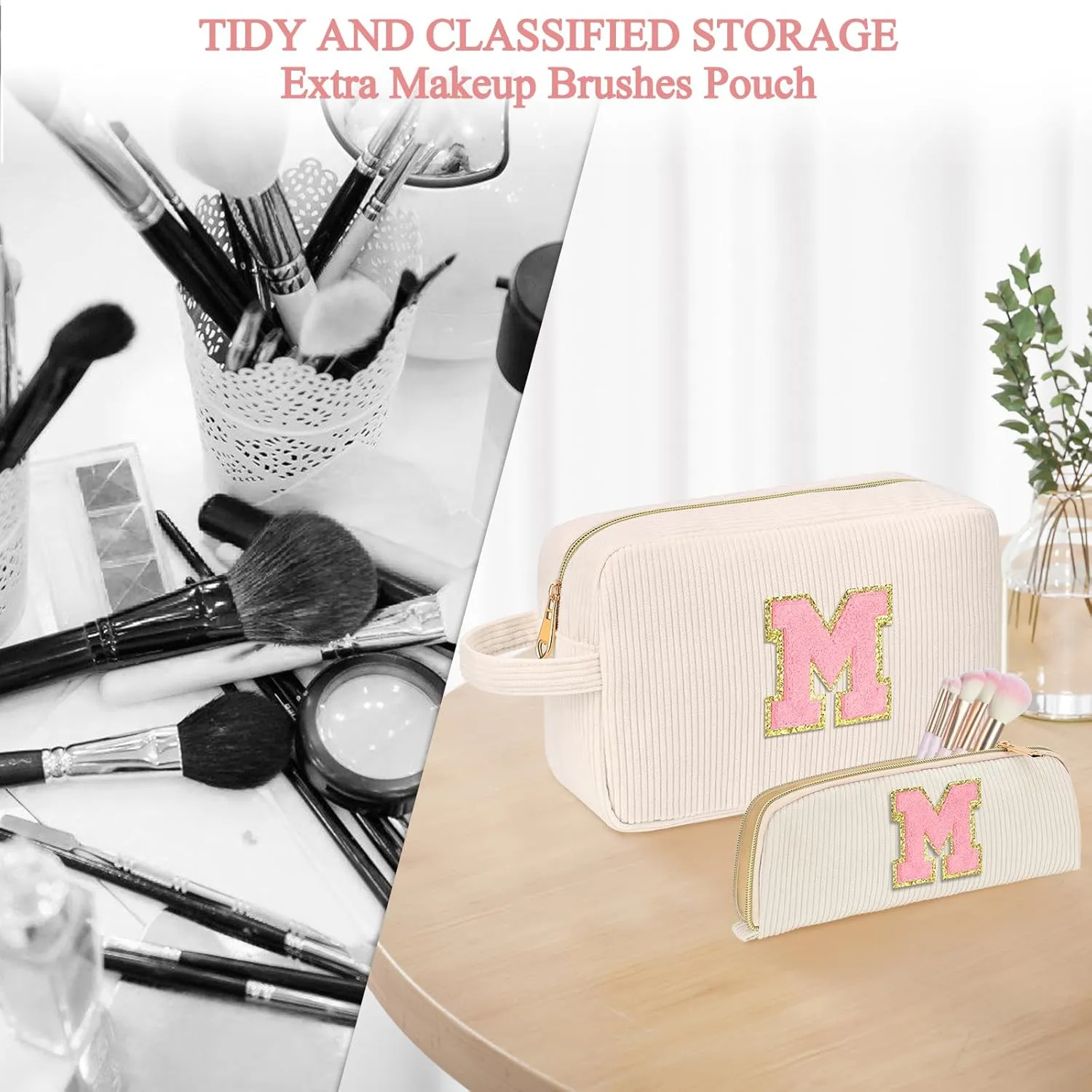 Personalized Initial Cute Makeup Bag Trendy Stuff Beige Cosmetic Bag Travel Toiletry Bag, Mother's Day/Birthday/Graduation Gifts for Women, Mom, Girlfriend, Wife Makeup Organizer Case for Girls - A
