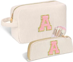 Personalized Initial Cute Makeup Bag Trendy Stuff Beige Cosmetic Bag Travel Toiletry Bag, Mother's Day/Birthday/Graduation Gifts for Women, Mom, Girlfriend, Wife Makeup Organizer Case for Girls - A