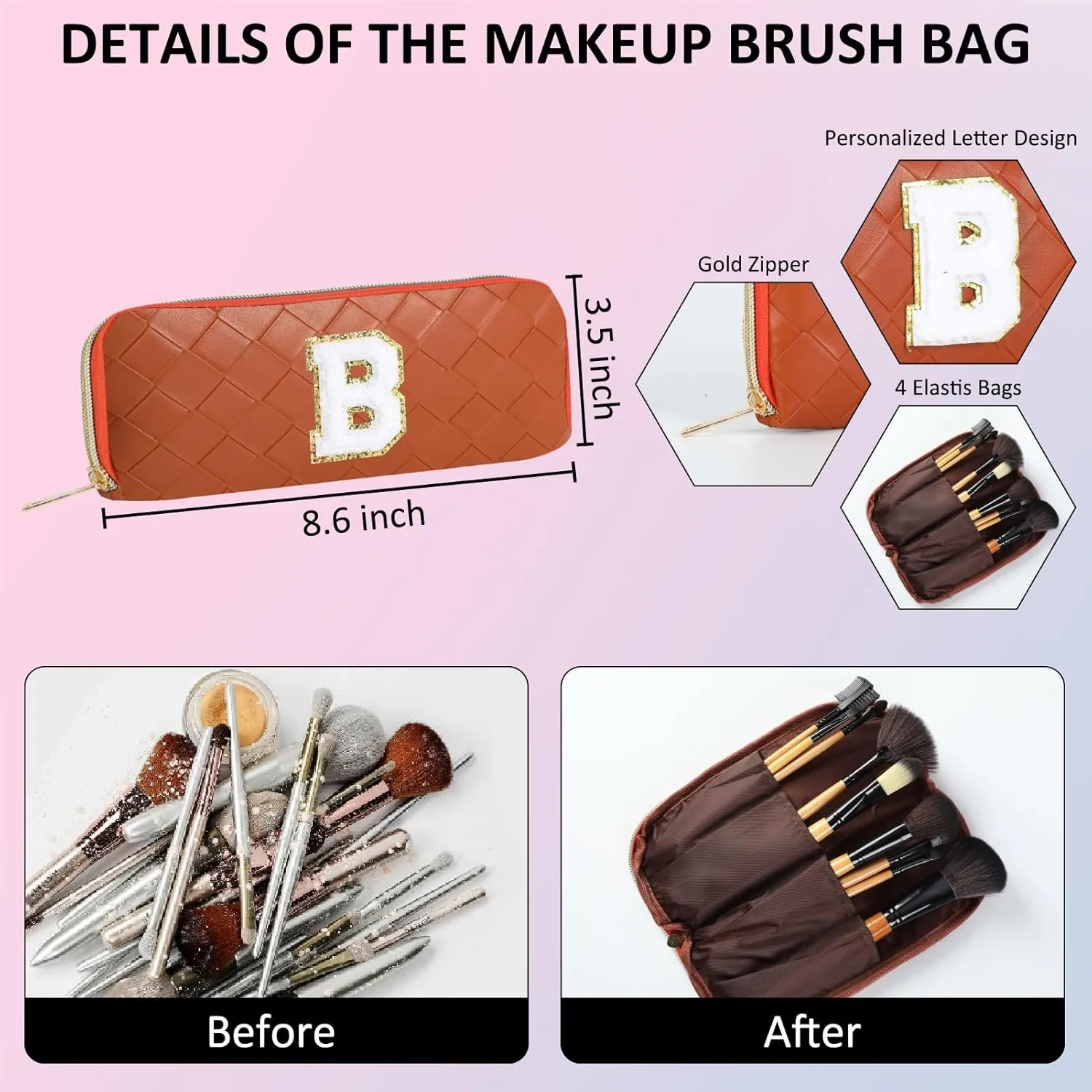 Personalized Initial Makeup Bag, Travel Cosmetic Bag with Small Makeup Brush Bag, Make Up Bags Pouch Travel Toiletry Bag, Birthday Gifts for Women Girls Valentine's Day Gifts (S, Brown)