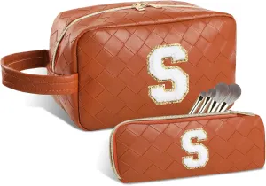 Personalized Initial Makeup Bag, Travel Cosmetic Bag with Small Makeup Brush Bag, Make Up Bags Pouch Travel Toiletry Bag, Birthday Gifts for Women Girls Valentine's Day Gifts (S, Brown)