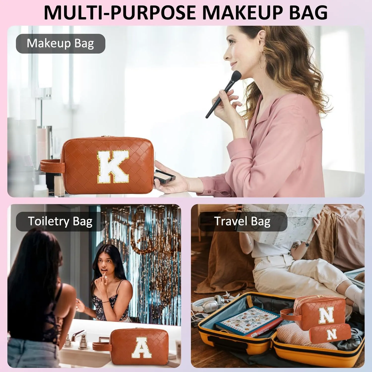 Personalized Initial Makeup Bag, Travel Cosmetic Bag with Small Makeup Brush Bag, Make Up Bags Pouch Travel Toiletry Bag, Birthday Gifts for Women Girls Valentine's Day Gifts (S, Brown)