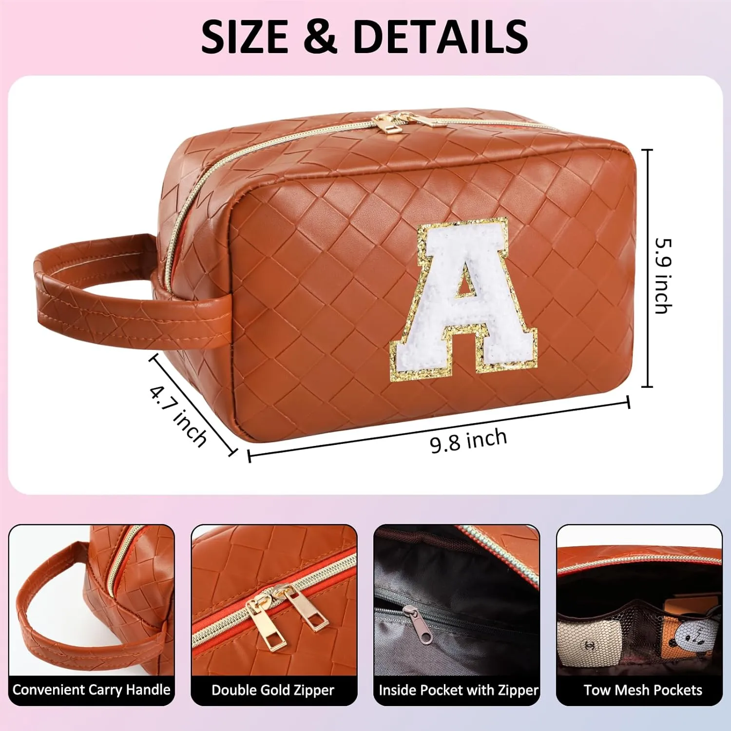 Personalized Initial Makeup Bag, Travel Cosmetic Bag with Small Makeup Brush Bag, Make Up Bags Pouch Travel Toiletry Bag, Birthday Gifts for Women Girls Valentine's Day Gifts (S, Brown)