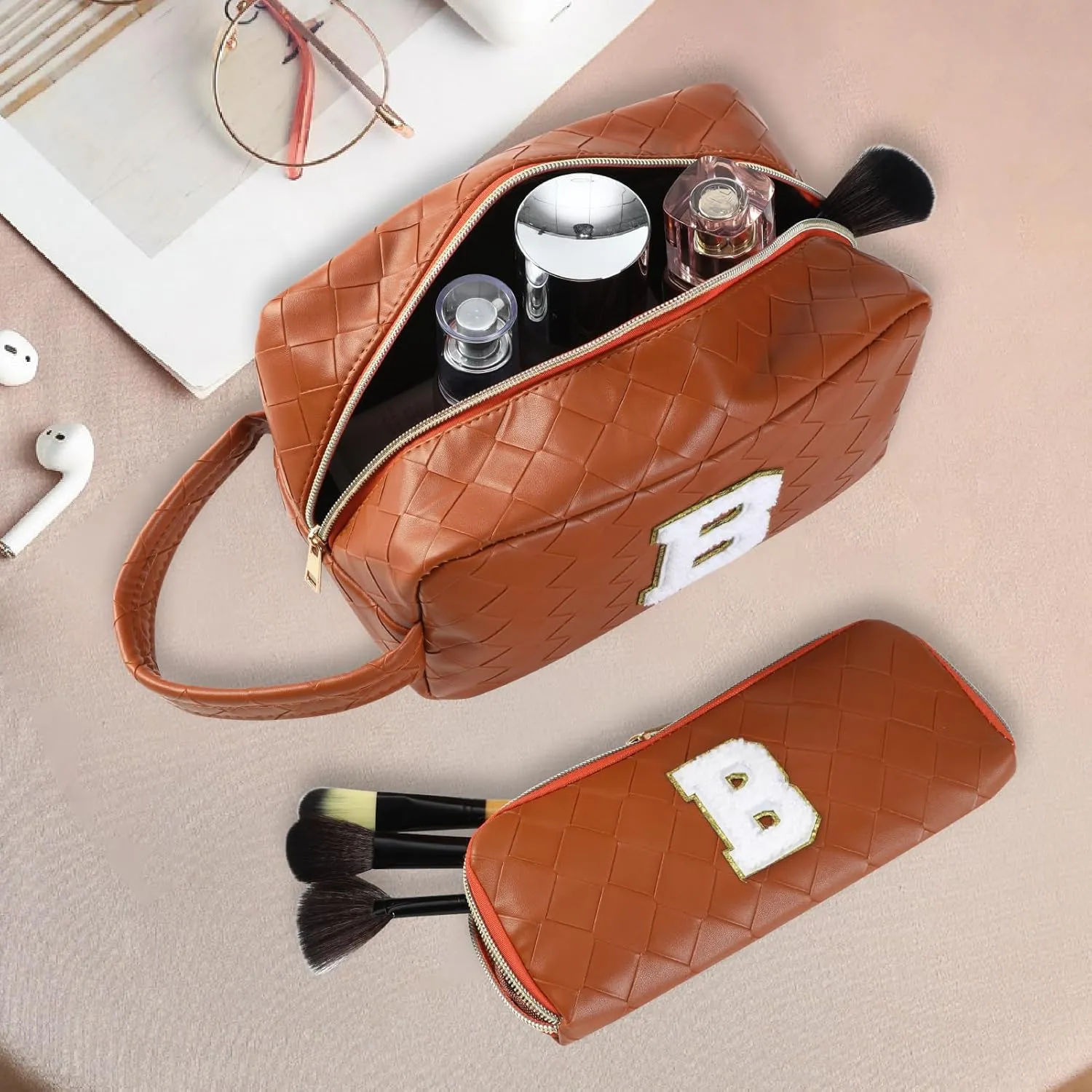 Personalized Initial Makeup Bag, Travel Cosmetic Bag with Small Makeup Brush Bag, Make Up Bags Pouch Travel Toiletry Bag, Birthday Gifts for Women Girls Valentine's Day Gifts (S, Brown)