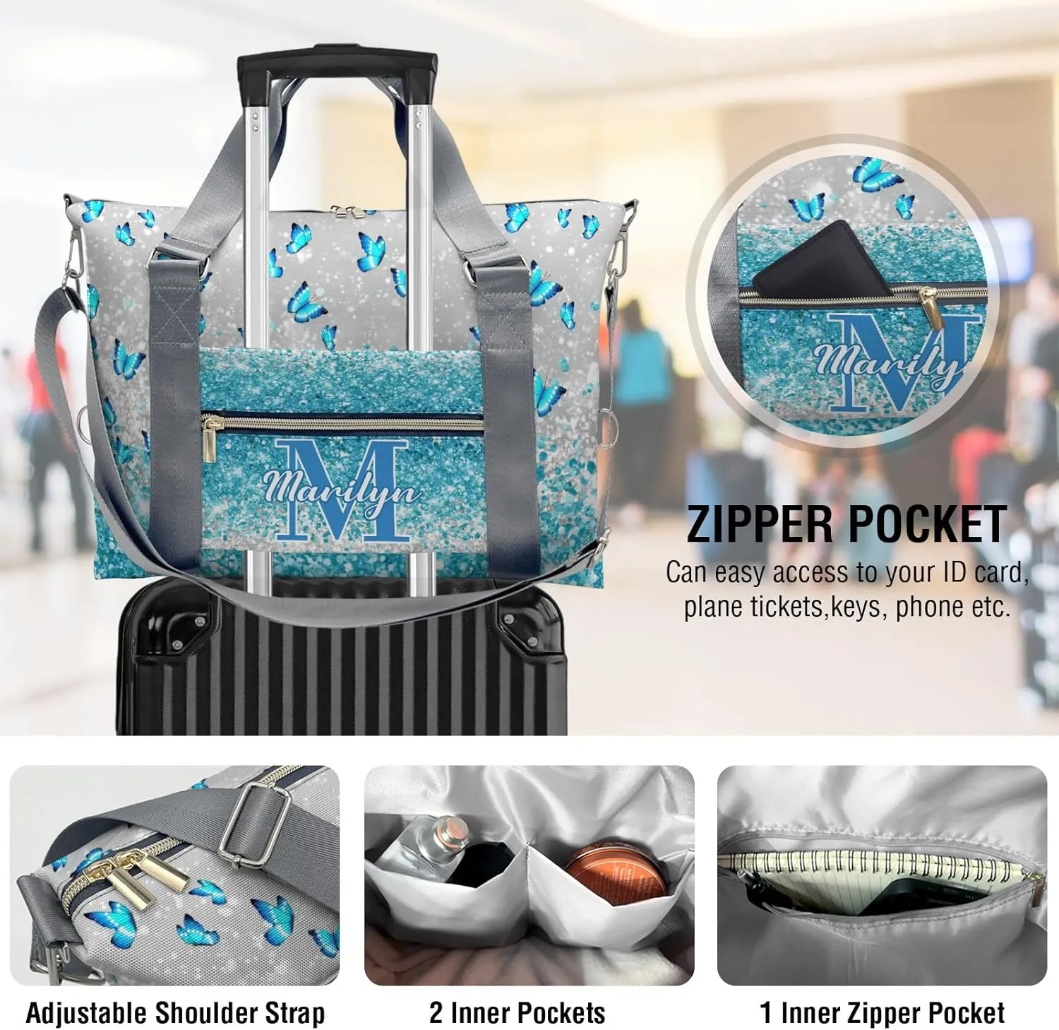 Personalized Initial Travel Duffel Bag,Custom Sports Bag,Birthday Gift Bag,Personalized Weekender Bag,Monogram Overnight Weekender Bags for Women Gift (Butterfly Blue)