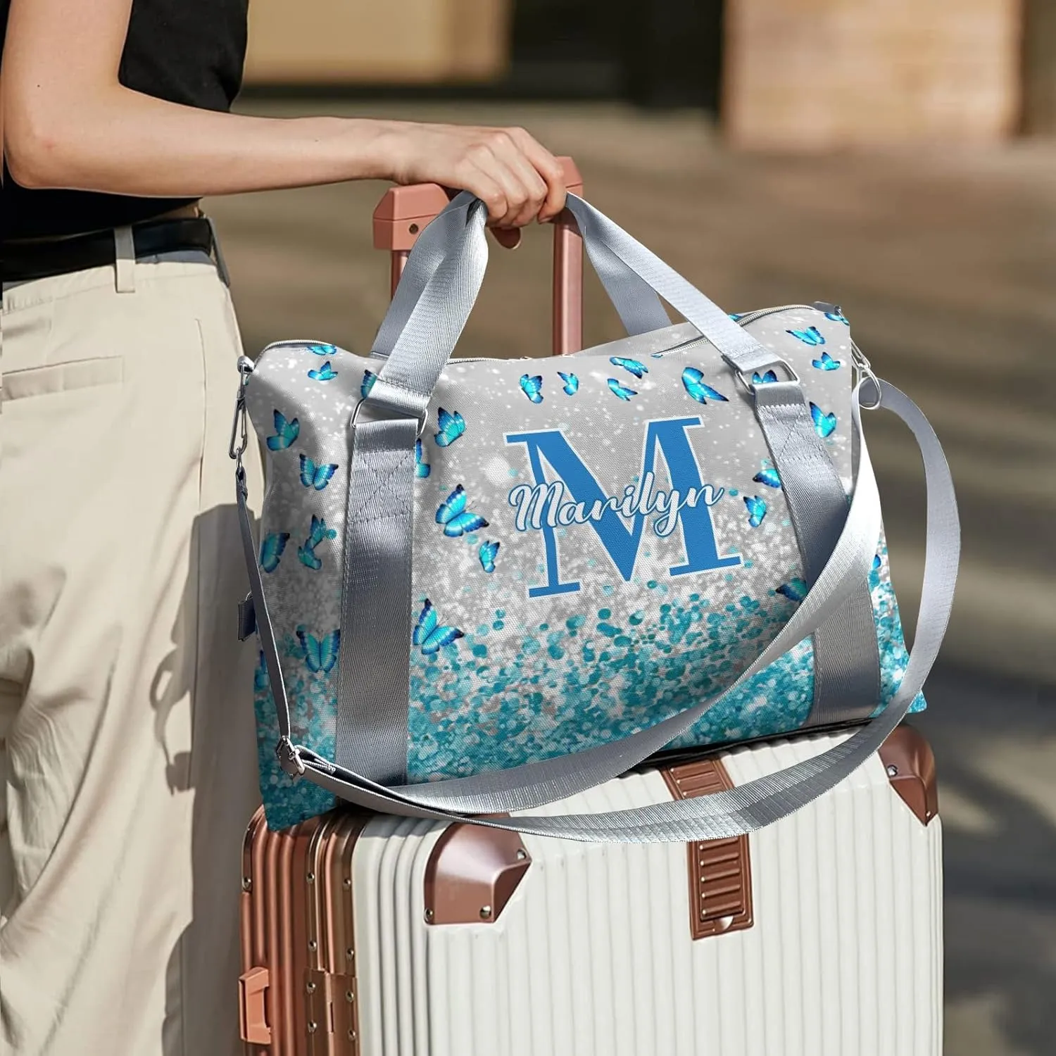 Personalized Initial Travel Duffel Bag,Custom Sports Bag,Birthday Gift Bag,Personalized Weekender Bag,Monogram Overnight Weekender Bags for Women Gift (Butterfly Blue)