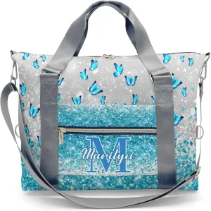 Personalized Initial Travel Duffel Bag,Custom Sports Bag,Birthday Gift Bag,Personalized Weekender Bag,Monogram Overnight Weekender Bags for Women Gift (Butterfly Blue)