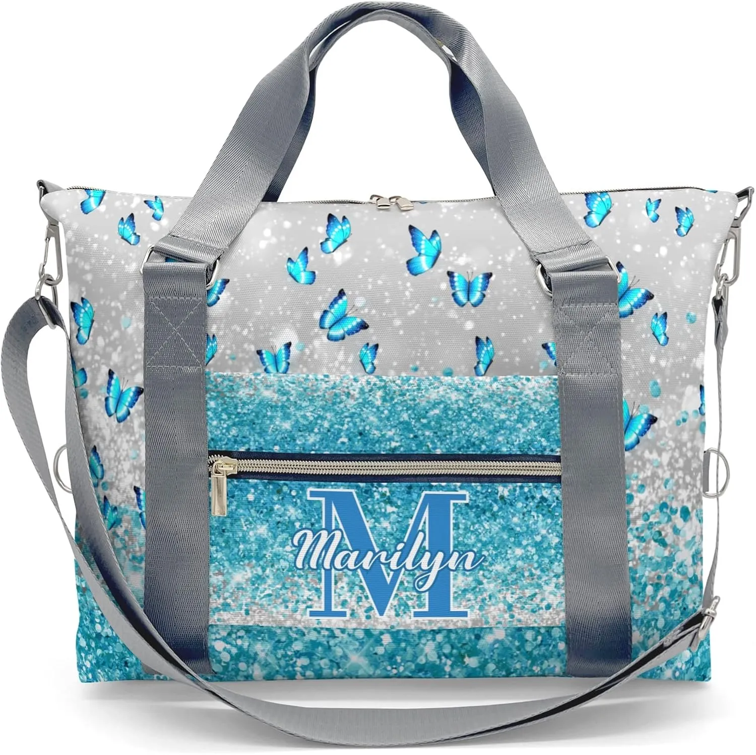 Personalized Initial Travel Duffel Bag,Custom Sports Bag,Birthday Gift Bag,Personalized Weekender Bag,Monogram Overnight Weekender Bags for Women Gift (Butterfly Blue)