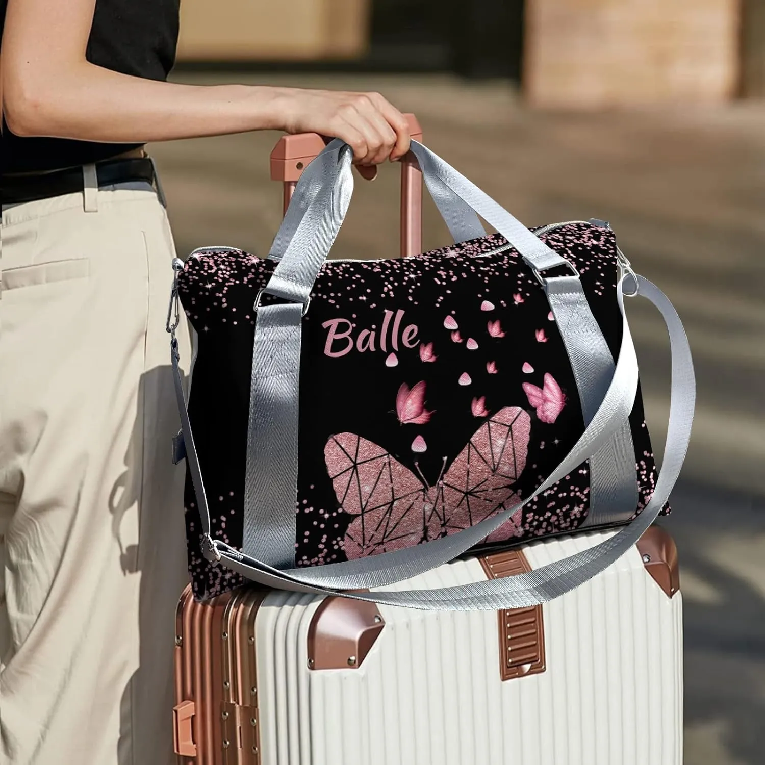 Personalized Initial Travel Duffel Bag,Custom Sports Bag,Birthday Gift Bag,Personalized Weekender Bag,Monogram Overnight Weekender Bags for Women Gift (Butterfly)
