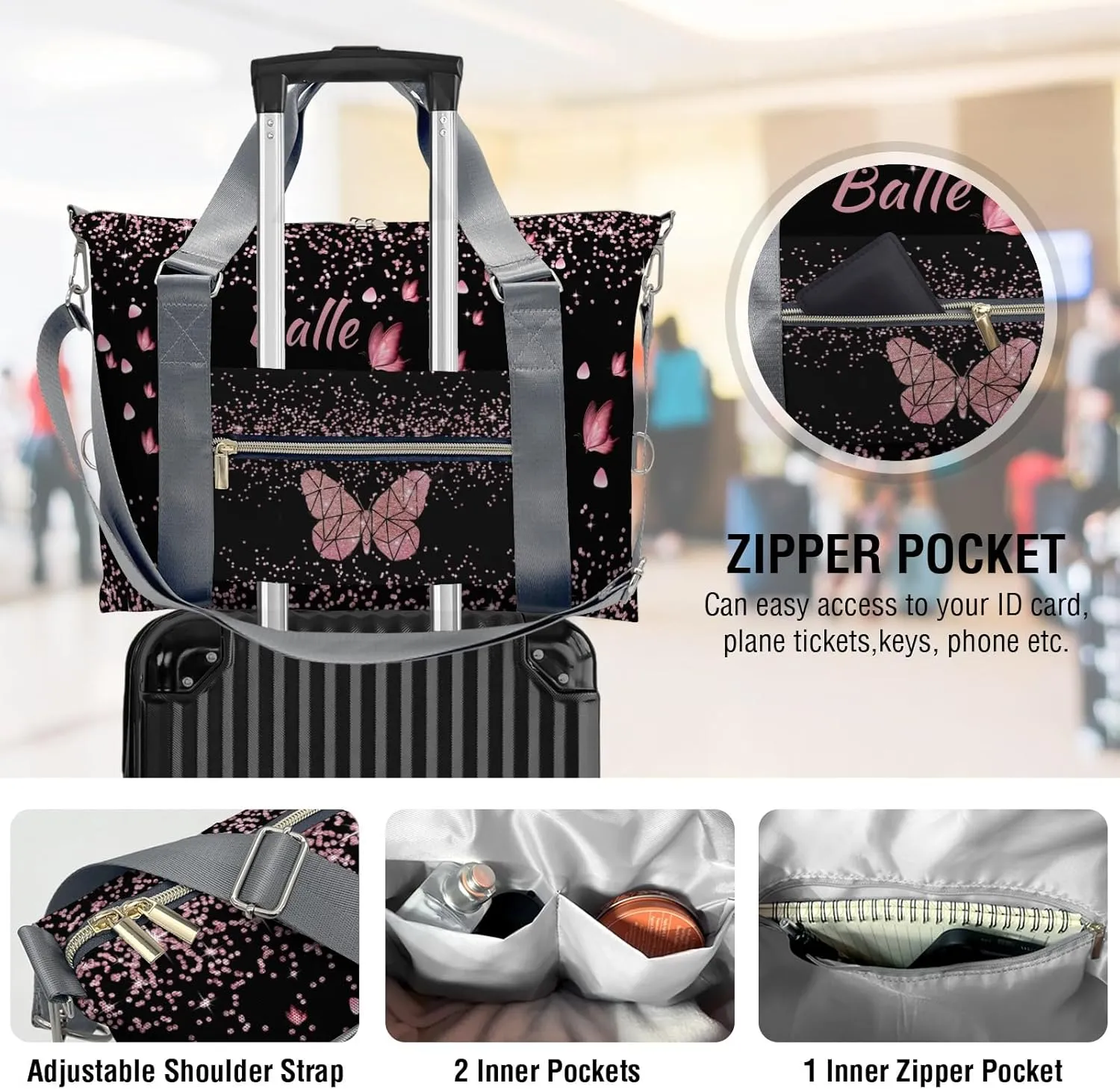 Personalized Initial Travel Duffel Bag,Custom Sports Bag,Birthday Gift Bag,Personalized Weekender Bag,Monogram Overnight Weekender Bags for Women Gift (Butterfly)