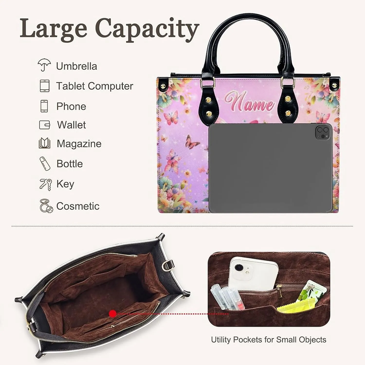 Personalized Leather Handbag, Custom Purse for Women, Add Your Design/Photo/Text, Initial Tote Bag Gifts with Name