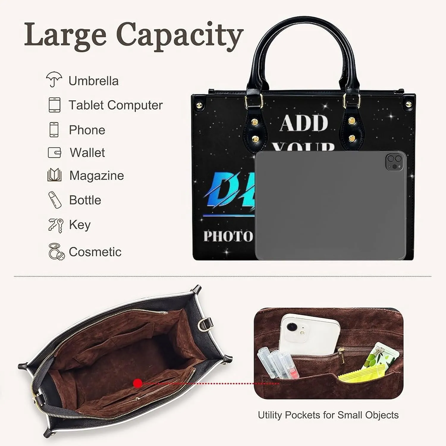Personalized Leather Handbag, Custom Purse for Women, Add Your Design/Photo/Text, Initial Tote Bag Gifts with Name