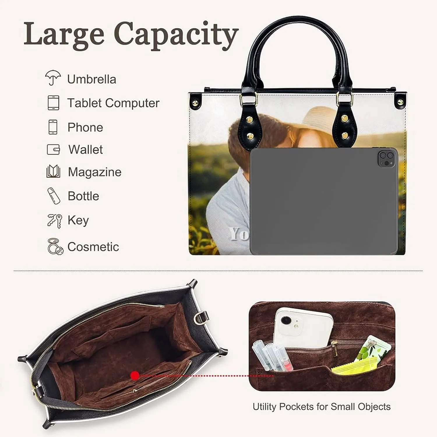 Personalized Leather Handbag, Custom Purse for Women, Add Your Design/Photo/Text, Initial Tote Bag Gifts with Name