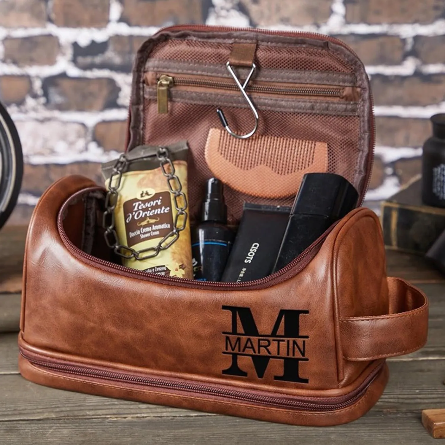 Personalized Leather Mens Toiletry Bag, Name Engraved Custom Toiletry Bag, Customized Travel Shaving Dopp Kit for Groomsmen Dad Husband Lover Gift for Christmas Valentine (Style A)