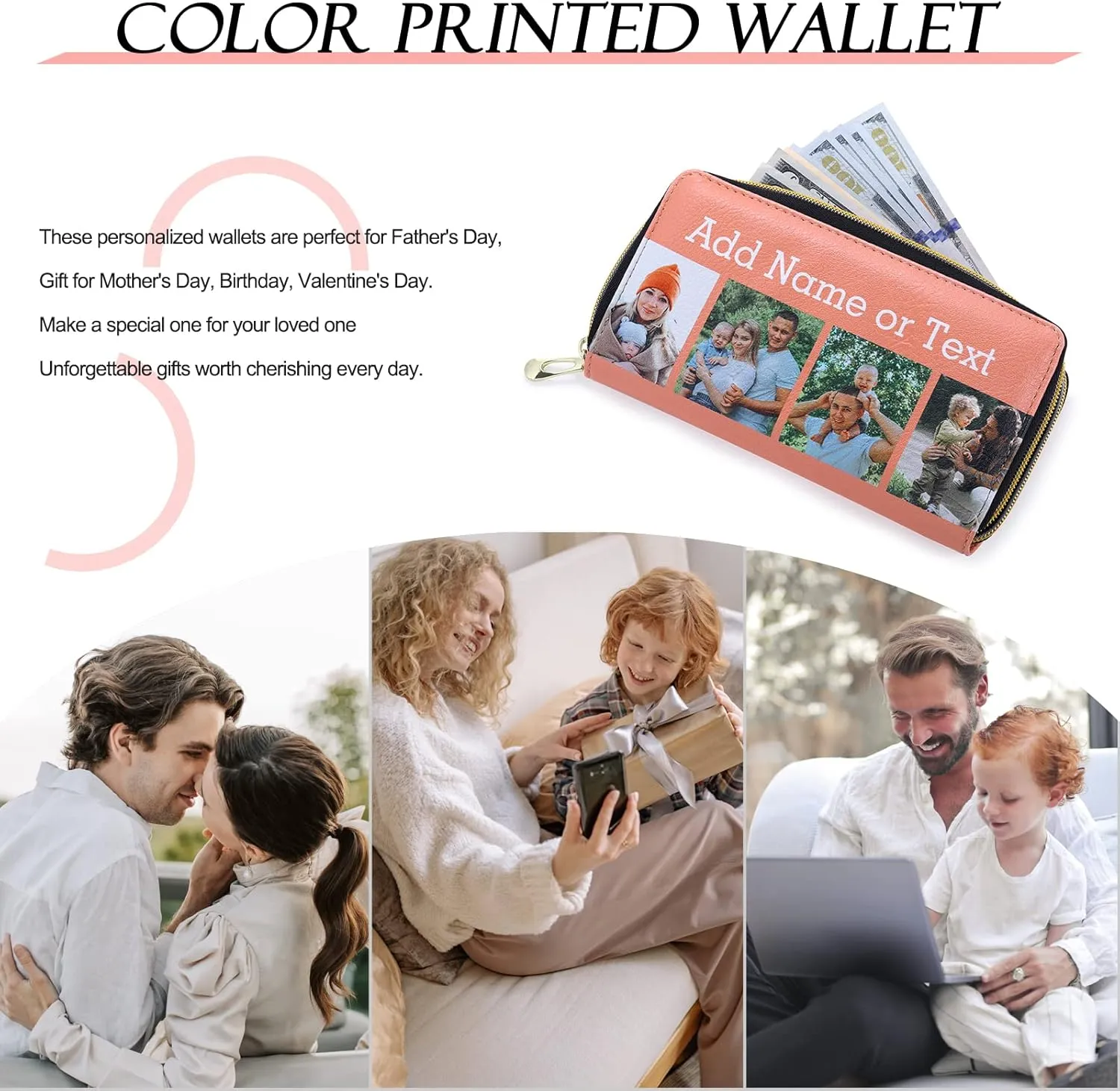 Personalized Leather Wallets for Women Custom Photo Wallet Holder Zipper Engraved Wallets Credit Card Clutch Wallet Mother'S Day Gifts for Mom Her (Style 4)