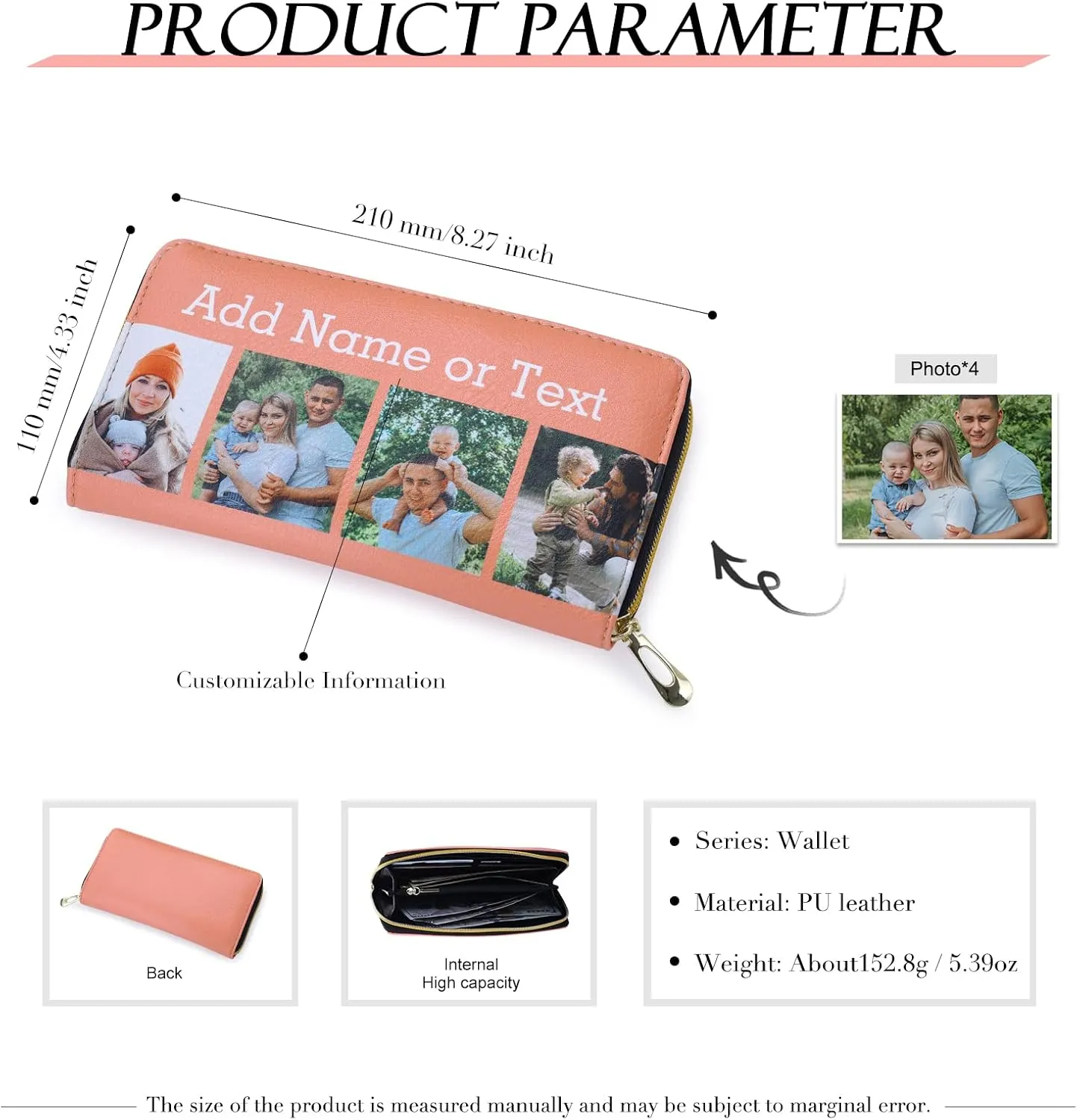 Personalized Leather Wallets for Women Custom Photo Wallet Holder Zipper Engraved Wallets Credit Card Clutch Wallet Mother'S Day Gifts for Mom Her (Style 4)