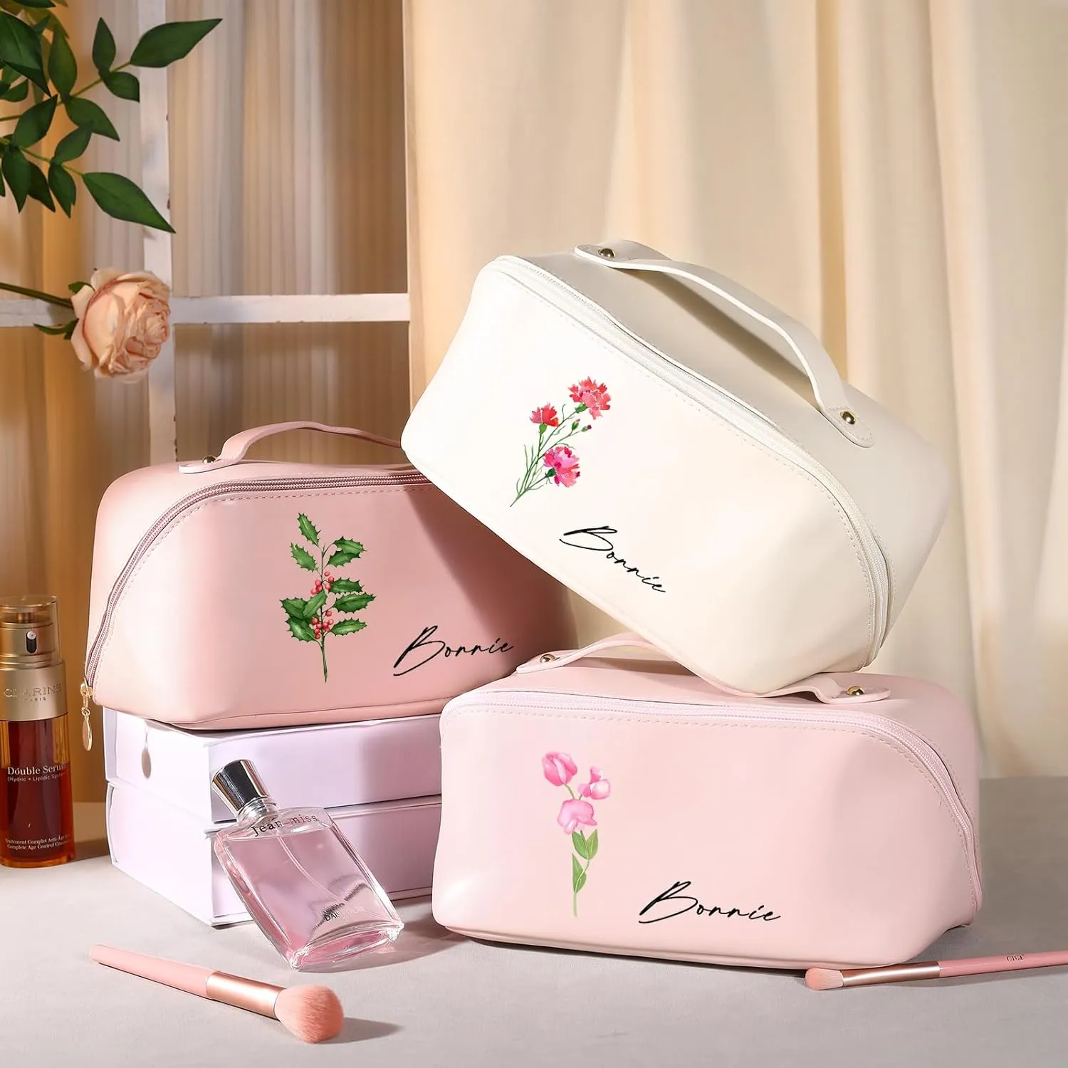 Personalized Makeup Bags for Women Custom Birthflower Name Engraved Cosmetic Bag Travel Toiletry Bag Make up Organizer Birthday Customized Gifts for Women Grilfriend (Style 5)