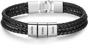 Personalized Men Black Braid 1-8 Names Bracelet Custom Made with Charm Beads Family Names Engraved Name ID Bracelet Jewelry Gift for Dad Boyfriend Birthday Gift for Father's Day