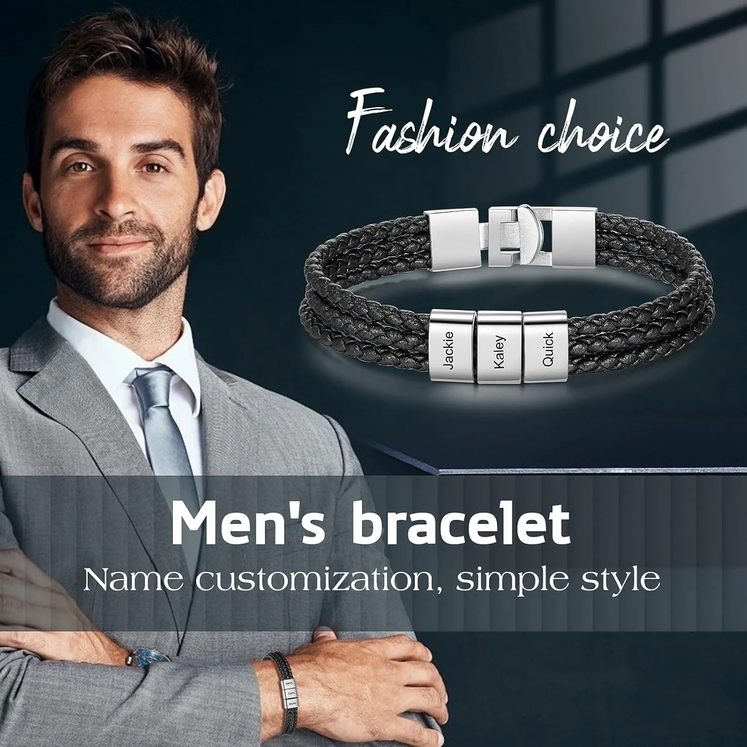 Personalized Men Black Braid 1-8 Names Bracelet Custom Made with Charm Beads Family Names Engraved Name ID Bracelet Jewelry Gift for Dad Boyfriend Birthday Gift for Father's Day