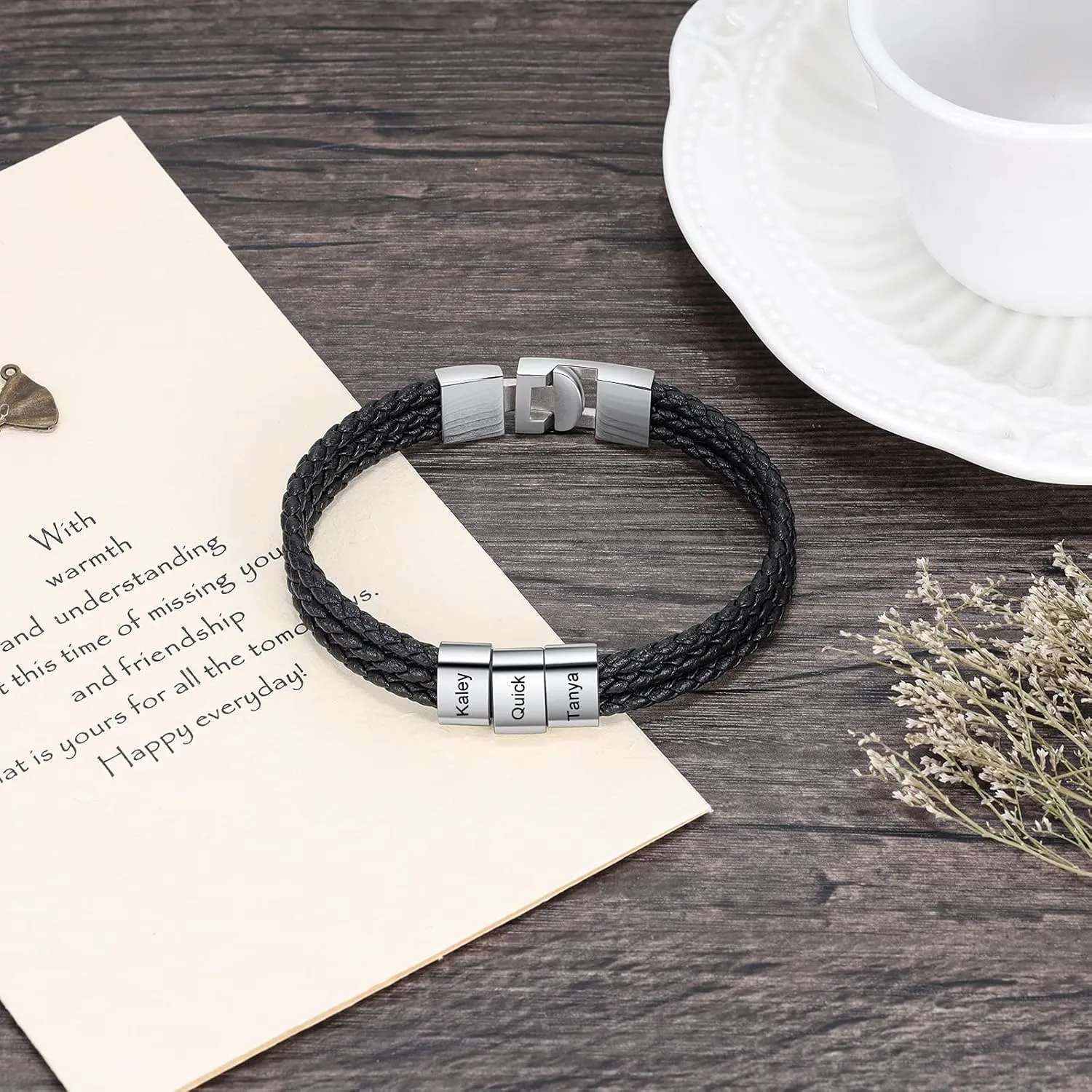 Personalized Men Black Braid 1-8 Names Bracelet Custom Made with Charm Beads Family Names Engraved Name ID Bracelet Jewelry Gift for Dad Boyfriend Birthday Gift for Father's Day