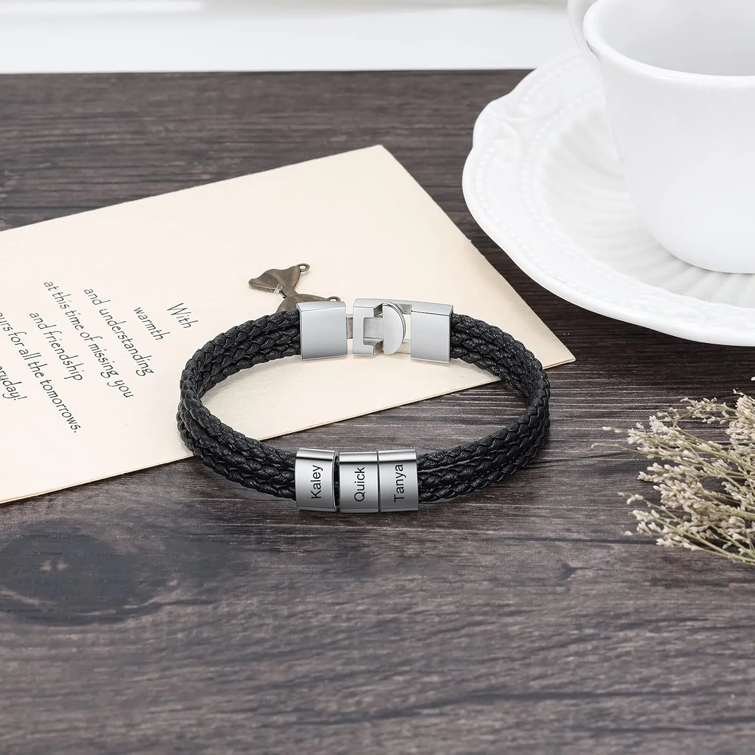 Personalized Men Black Braid 1-8 Names Bracelet Custom Made with Charm Beads Family Names Engraved Name ID Bracelet Jewelry Gift for Dad Boyfriend Birthday Gift for Father's Day