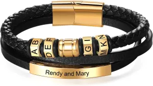 Personalized Mens Black Braid 4 Names Bracelet Custom Made with Charm Beads Family Inspirational Jewelry Gift for Dad Boyfriend
