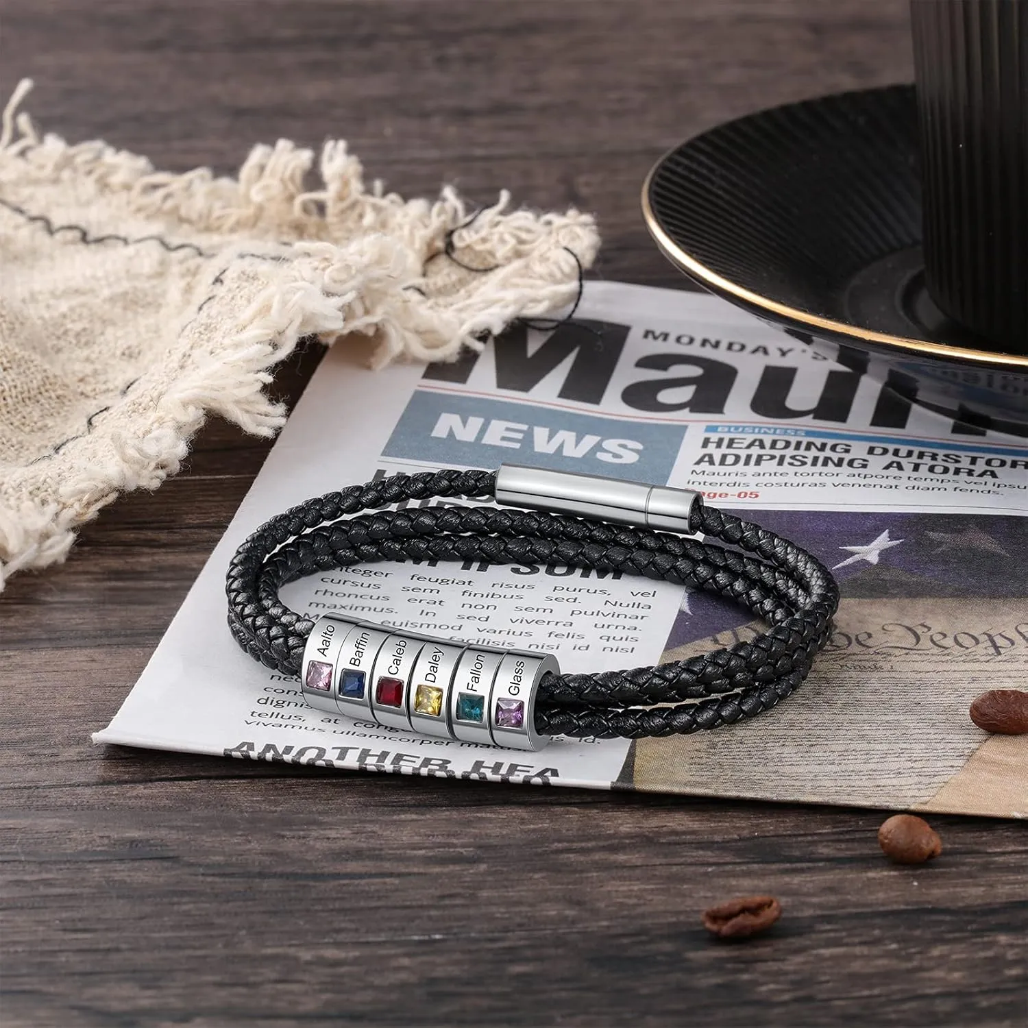 Personalized Men's Bracelet with 1-8 Names Custom Birthstone Bracelets for Men Customized Bracelet with Family Names Jewelry Gifts for Fathers Day