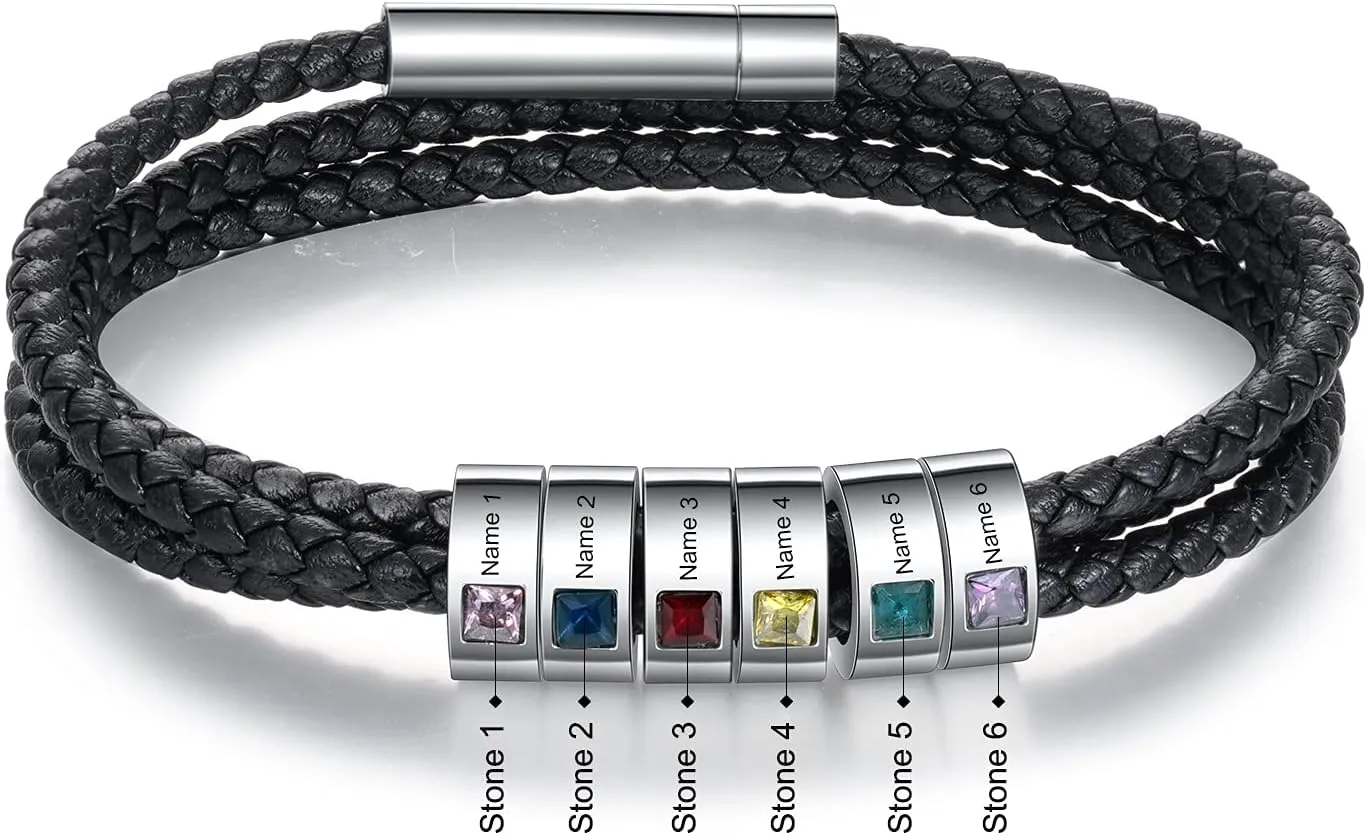 Personalized Men's Bracelet with 1-8 Names Custom Birthstone Bracelets for Men Customized Bracelet with Family Names Jewelry Gifts for Fathers Day