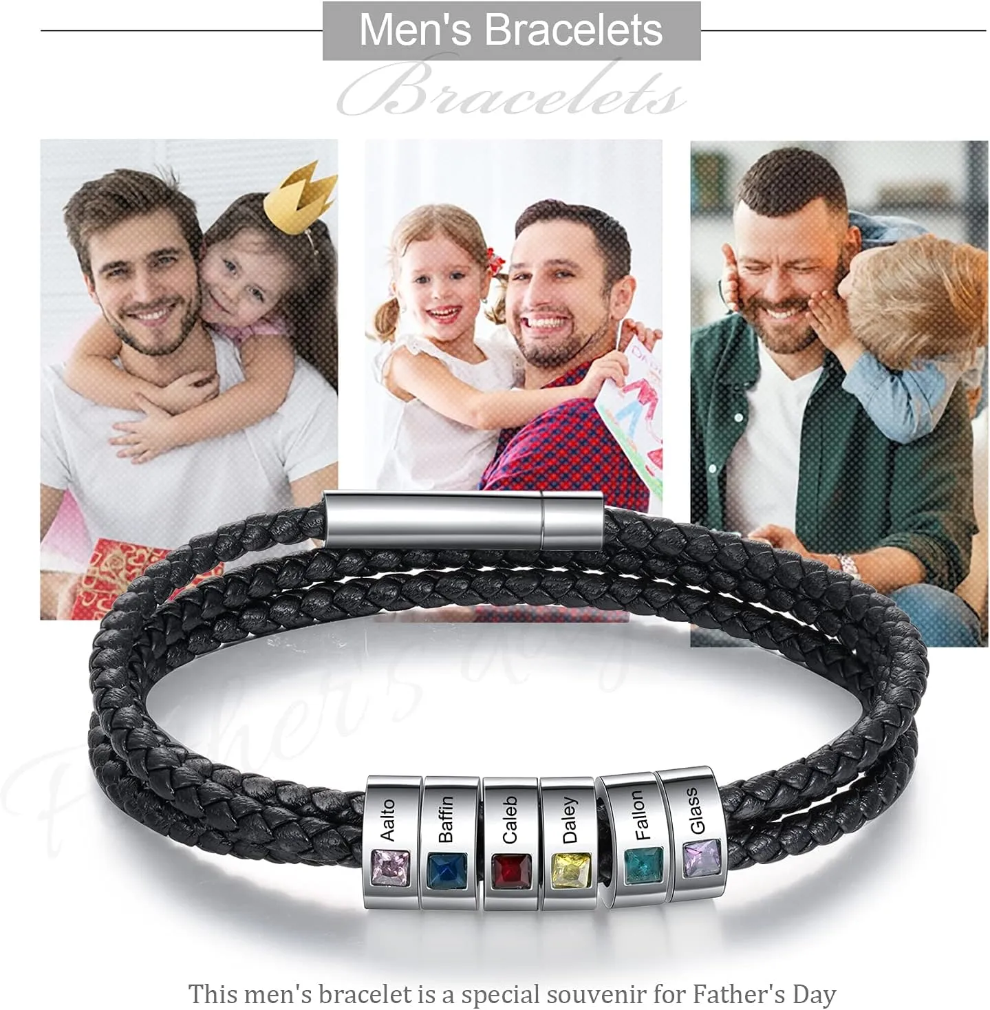 Personalized Men's Bracelet with 1-8 Names Custom Birthstone Bracelets for Men Customized Bracelet with Family Names Jewelry Gifts for Fathers Day