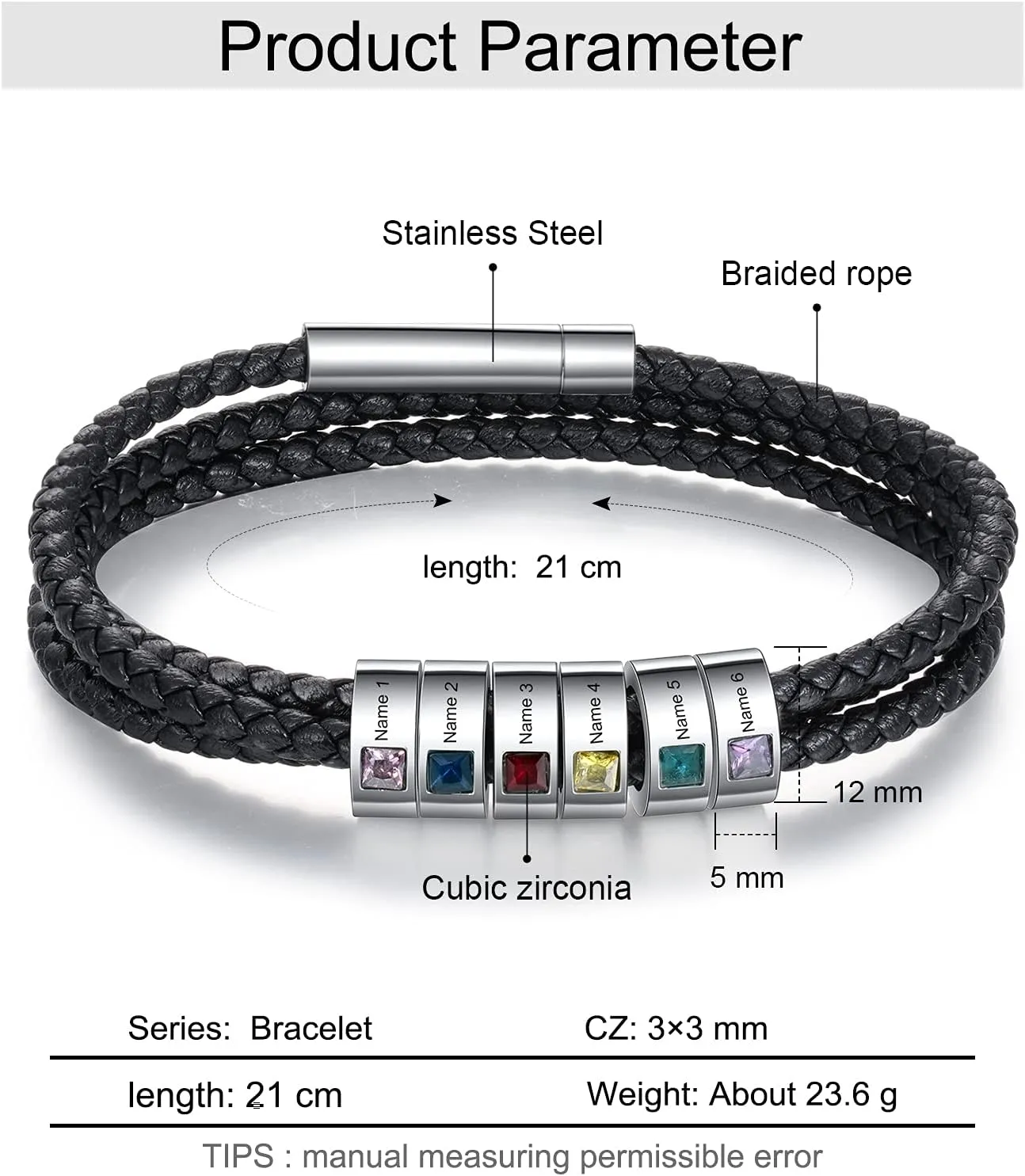 Personalized Men's Bracelet with 1-8 Names Custom Birthstone Bracelets for Men Customized Bracelet with Family Names Jewelry Gifts for Fathers Day