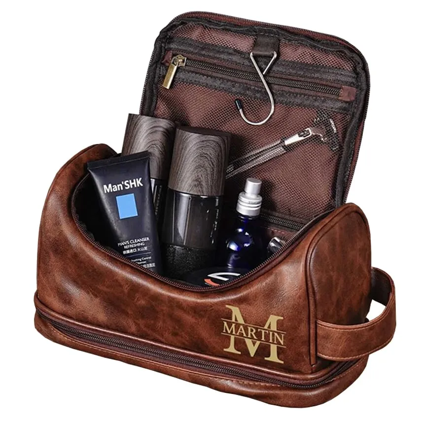 Personalized Men's PU Leather Toiletry Bag - Custom Engraved Dopp Kit - Ideal Groomsmen & Husband Gifts - Stylish Travel Accessory for Men