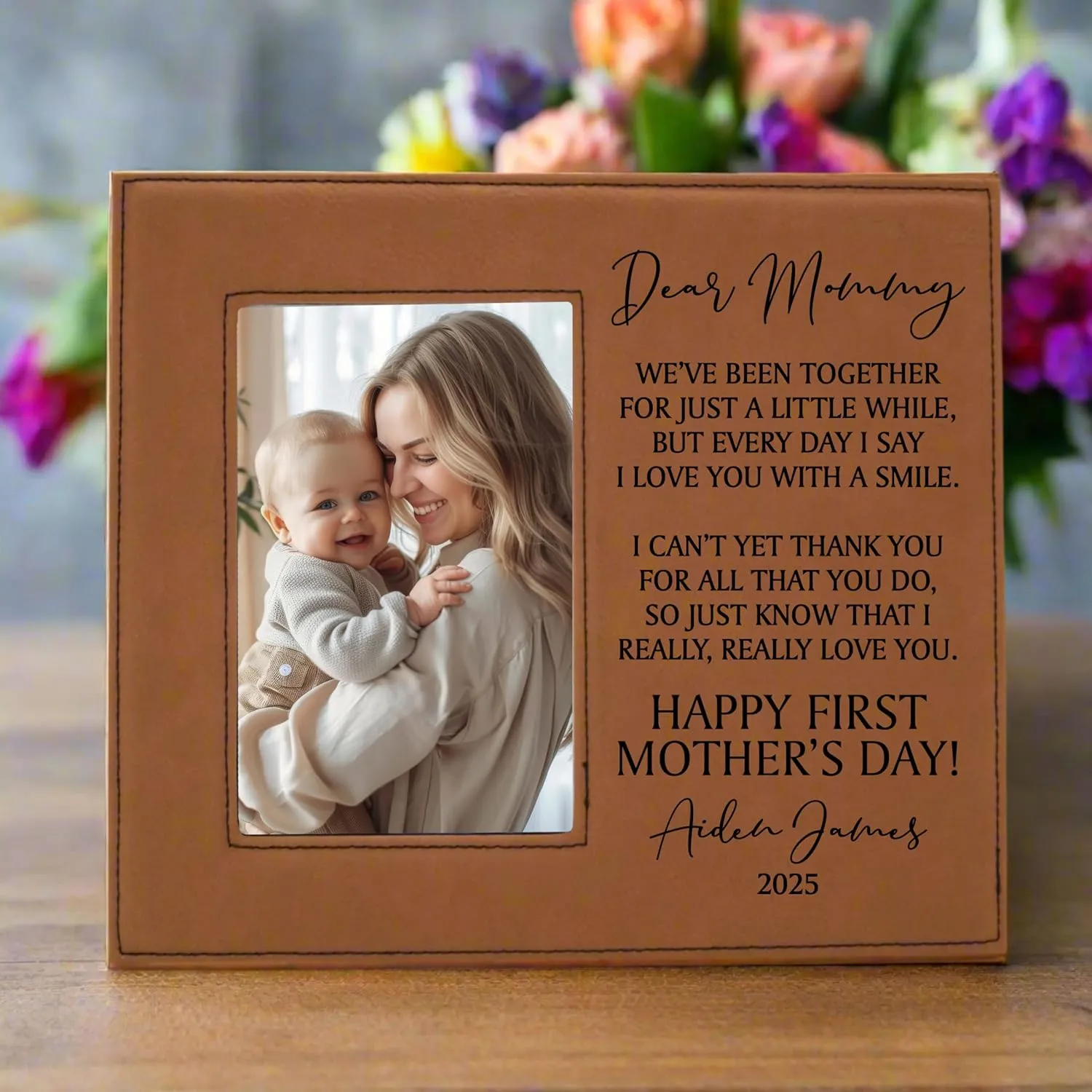 Personalized Mother's Day 2025 Picture Frame, Dear Mommy Vegan Leather Photo Frame, Customizable First Mother's Day Gift, Mother's Day Gift from Baby (Black/Silver)