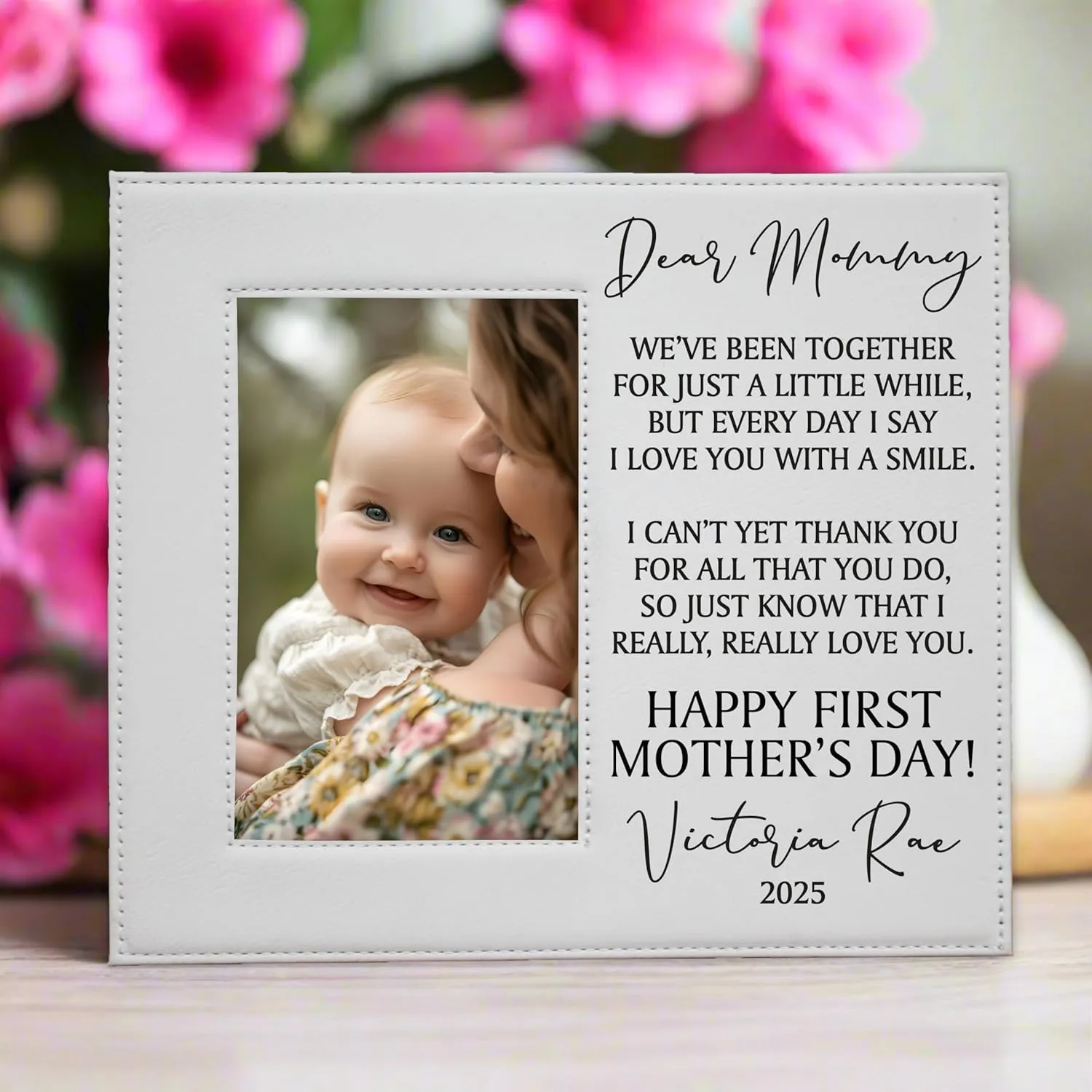 Personalized Mother's Day 2025 Picture Frame, Dear Mommy Vegan Leather Photo Frame, Customizable First Mother's Day Gift, Mother's Day Gift from Baby (Black/Silver)