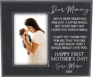 Personalized Mother's Day 2025 Picture Frame, Dear Mommy Vegan Leather Photo Frame, Customizable First Mother's Day Gift, Mother's Day Gift from Baby (Black/Silver)