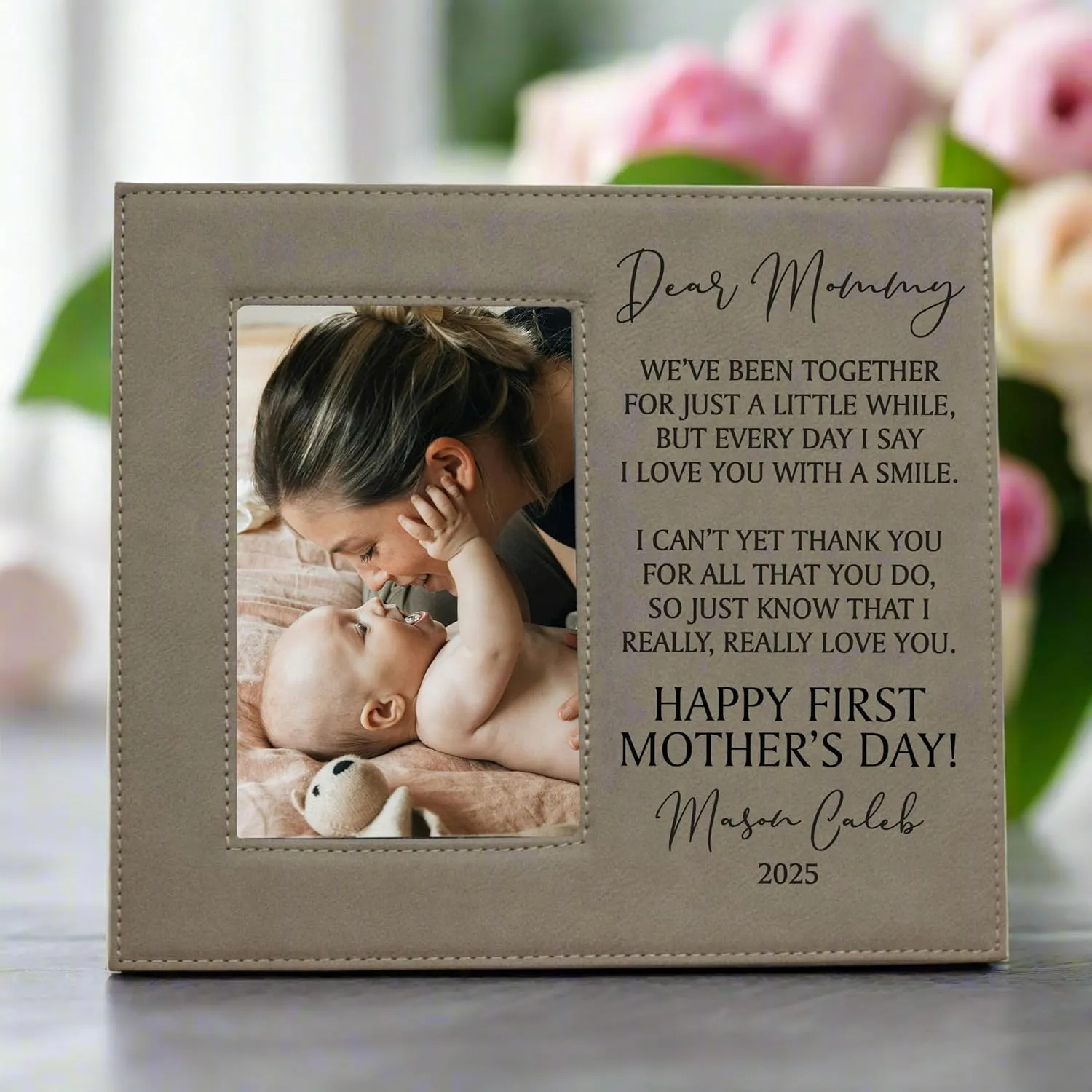 Personalized Mother's Day 2025 Picture Frame, Dear Mommy Vegan Leather Photo Frame, Customizable First Mother's Day Gift, Mother's Day Gift from Baby (Black/Silver)