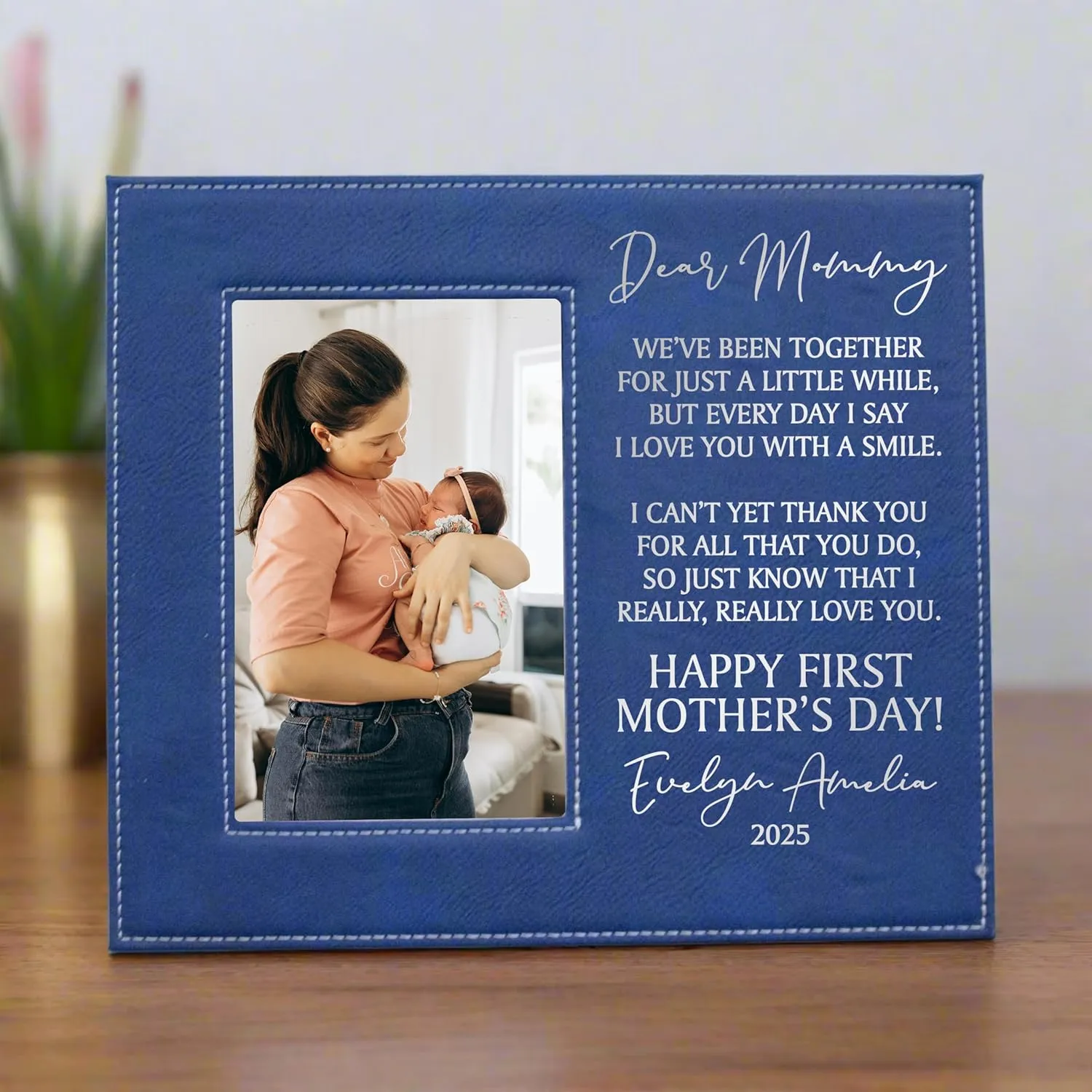 Personalized Mother's Day 2025 Picture Frame, Dear Mommy Vegan Leather Photo Frame, Customizable First Mother's Day Gift, Mother's Day Gift from Baby (Black/Silver)