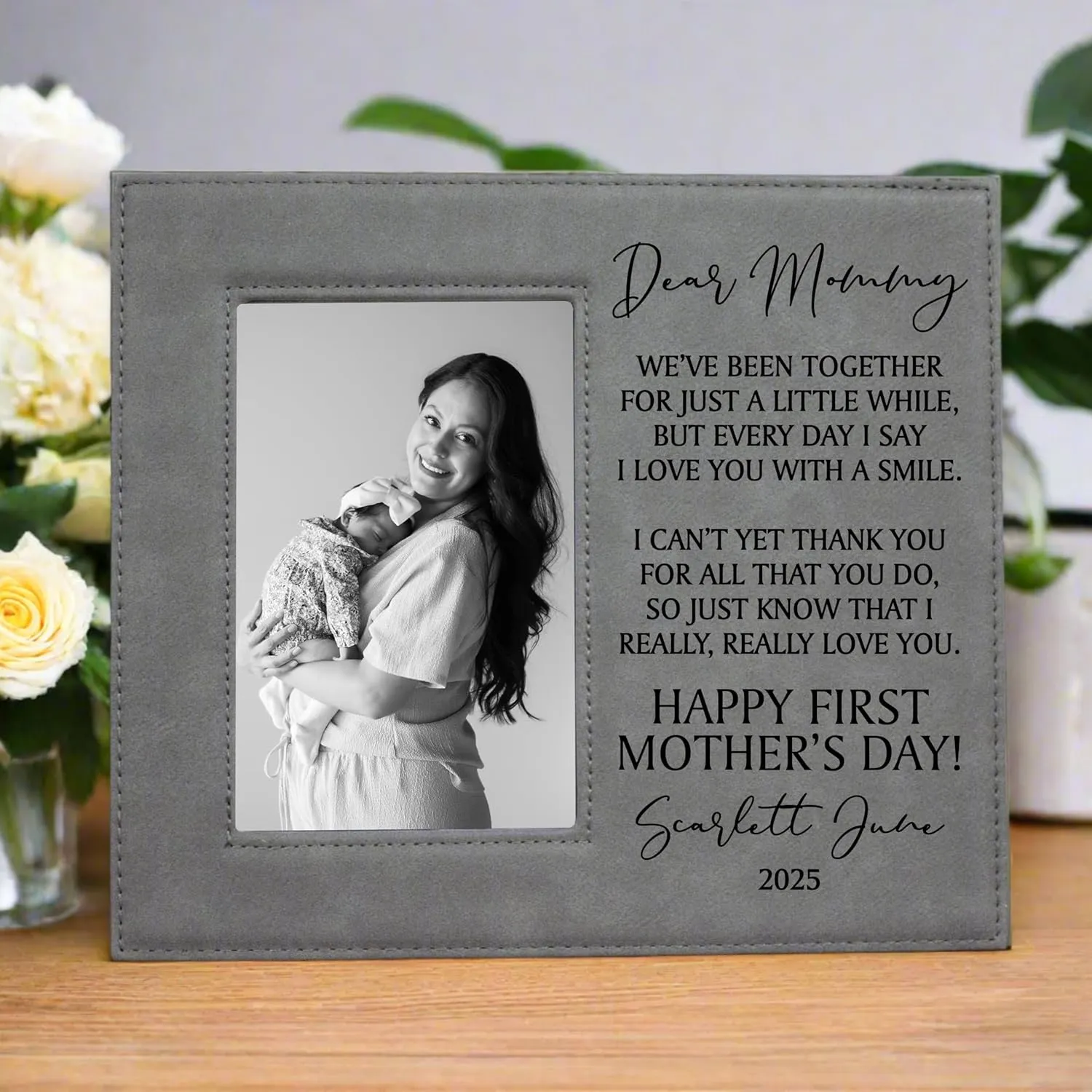 Personalized Mother's Day 2025 Picture Frame, Dear Mommy Vegan Leather Photo Frame, Customizable First Mother's Day Gift, Mother's Day Gift from Baby (Black/Silver)